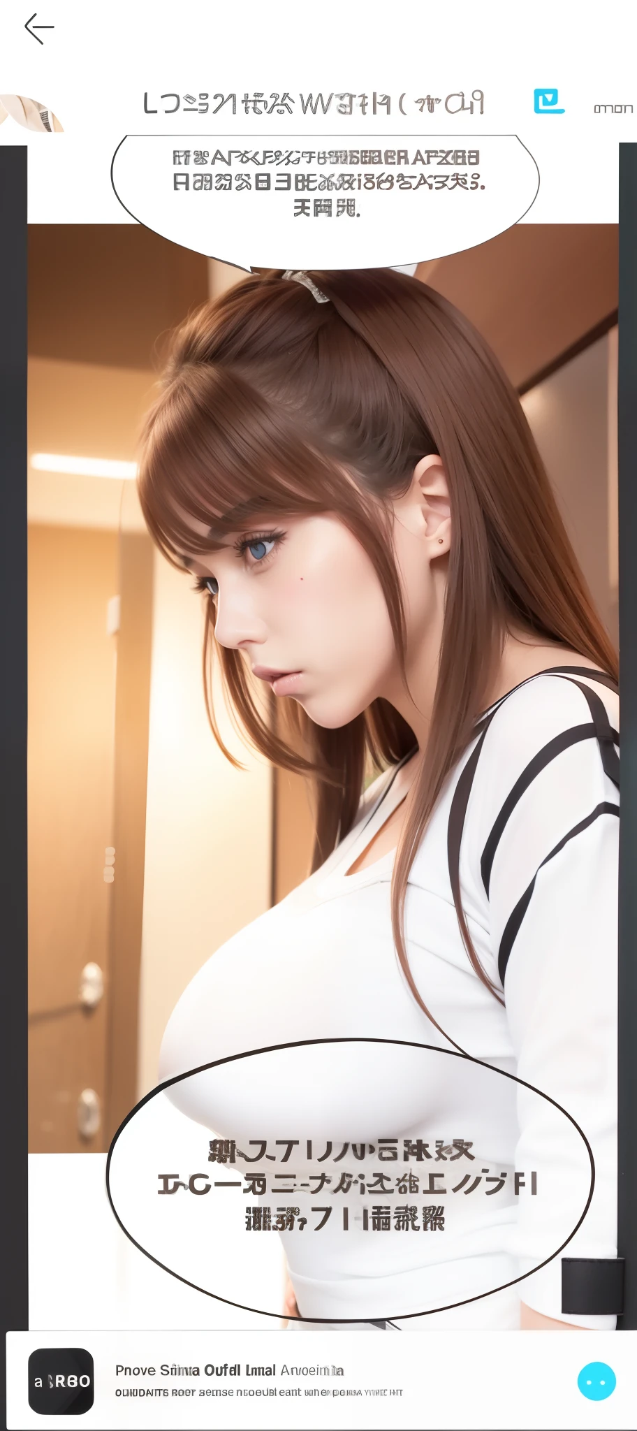 a beautiful girl, white shirt, big boobs, wide eyes, brown hair, ultra detail, realistic, blue ribbon
