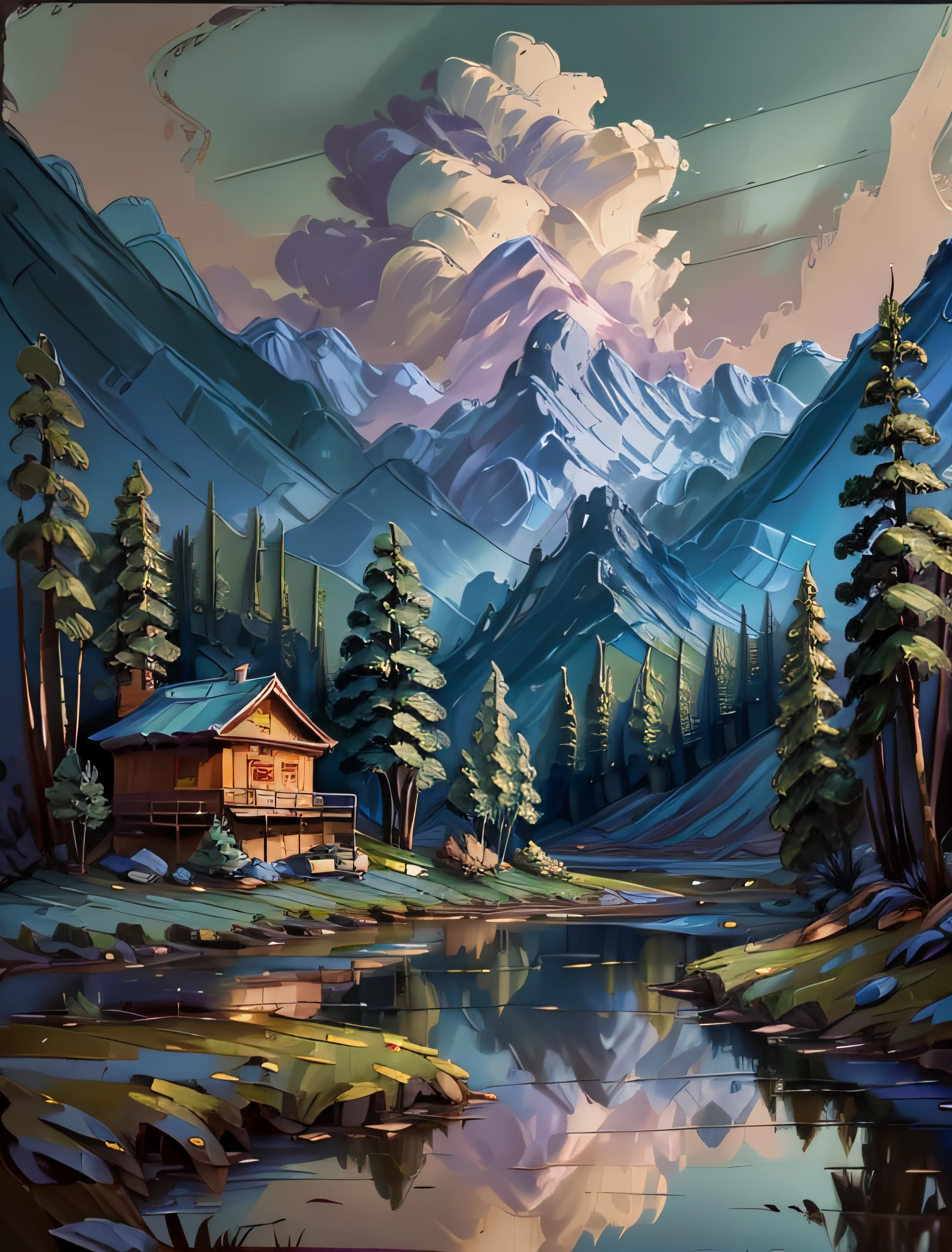 thick impasto painting of a painting, There is a stream at the foot of the mountain，There are reflections in the stream,country cabin,Cooking smoke rises，Pine trees have a peculiar shape，Sway with the wind,Impresionism，Color palette style，iso-distance view,Matte look,((rough pastel stroke, palet knight effect))), hyper HD,in a panoramic view,8K分辨率,ultra-wide-angle,Faraway view,chinese paintings,Realistis,Action painting