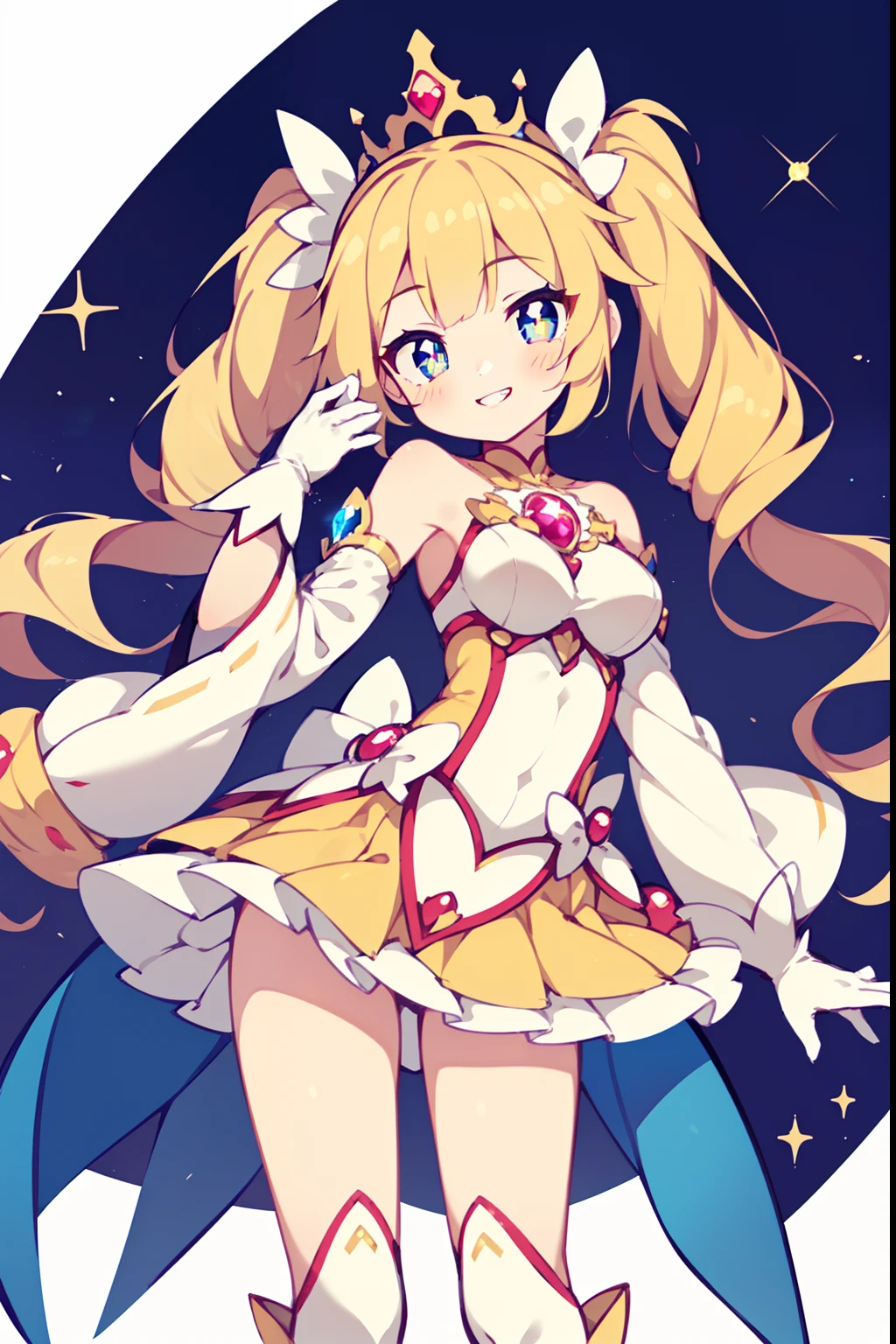 (1girl in:1.2), (Solo:1.2), masutepiece, nffsw、Shaders、Brilliant Textured Work、Ultra-detailed eyes、ultra-intricate pupil in eyes、top-quality、Sparkling eyes、pale yellow hair、drills twintails、length hair、(serious), (smile), (teeth)、(raspberry eyes:1.2)、(hollow eyes, half-closed eyes)、(sketch)、Magical Girl Clothes、Yellow costume、Tiered miniskirt、Shoulder out、Separated sleeves、Wide sleeves、(White gloves:1.1)、Magical Girl Boots、Standing Picture、GameCG、dynamic ungle、A Princess、Bulging breasts、Tiara on the head、
