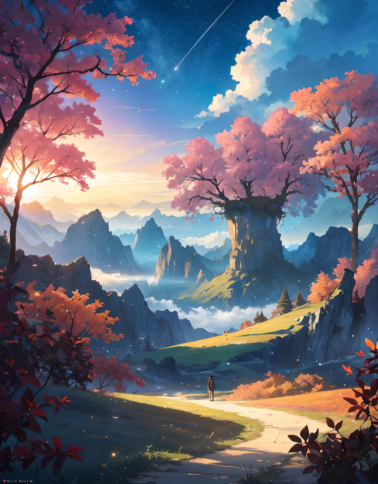 ancient fantasy world, a sunset above mountain range in the background masterpiece, tall cliff, rule of third, human walking back with wand gun (human walking back :1.2), beautiful art uhd 4k, 4k hd wallpaper very detailed, extraordinary colorful landscape, 4k highly detailed digital art, landscape wallpaper, scenic colorful environment, fantastic landscape, 8k high quality detailed art, majestic nature scenery, detailed painting 4k, epic beautiful landscape, natural landscape beauty, Landscape, lots of glow particle, fireflies, very many lots of fireflies, makoto shinkai cyril rolando, kimi no nawa meteor, anime art wallpaper 8k, Top quality masterpiece, deep focus, macro shot, lots lamp, falling leaf, glowing light, object, color combination masterpiece, glowing light, dark, reflection, beautiful anime scene, japanese concept landscape art, volumetric lighting, bokeh, anime beautiful peace scene, pure lanscape, 8k beautiful anime, intricate, elegant, point of interest photography, anime (masterpiece, lighting, finely detailed), colorful sky, ray of light, rule of third, colorful landscape, (dew, water : 0.2), Fog, Colorful Natural Lighting Masterpiece, ( all nature element is glowing light : 1.2), Lens Flare Masterpiece,