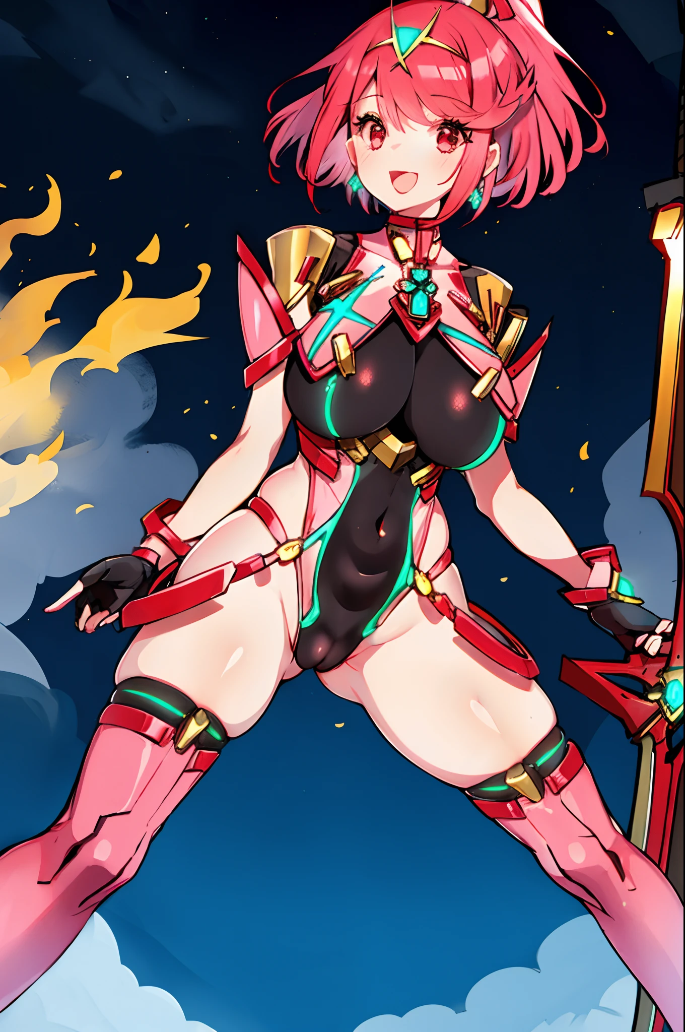 pyra \(xenoblade\), _1girl, lolibangs, black gloves, breasts, red eyes, shout, earrings, eyelashes, fingerless gloves, floating hair, , gem, gloves, hair ornament, headpiece, jewelry, big_breasts, leaning back, swimsuit, neon trim, official art, pose, red hair, saitou masatsugu, short hair, sidelocks, skin tight, solo, swept bangs, thighhighs, tiara, fantasy_town_background, underbust, xenoblade chronicles \(series\), (xenoblade chronicles 2), (spread_legs:1.1), fire_effect,dynamic_pose,fighting,light_smile, (plump:1.1), big_ass,huge_sword, hold_large_sword_hilt, covered_nipples, covered_pussy,back_view, fists,ponytail,beautiful_fingers,(solo:1.1), bare_shoulder,(shoulder_naked:1.2)