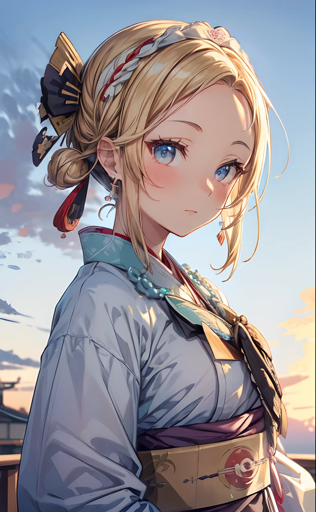 absurderes, ultra-detailliert,bright colour, extremely beautiful detailed anime face and eyes, view straight on, ;D, shiny_skin,25 years old, Short hair, (Forehead:1.3), Blonde hair with short twin tails, Shiny hair, Delicate beautiful face, red blush、(cyan eyes:1.1), White skin, hair clips, earrings, a necklace, (taisho roman:1.5), Beautiful cloud, Taisho era town、Dusk sky,