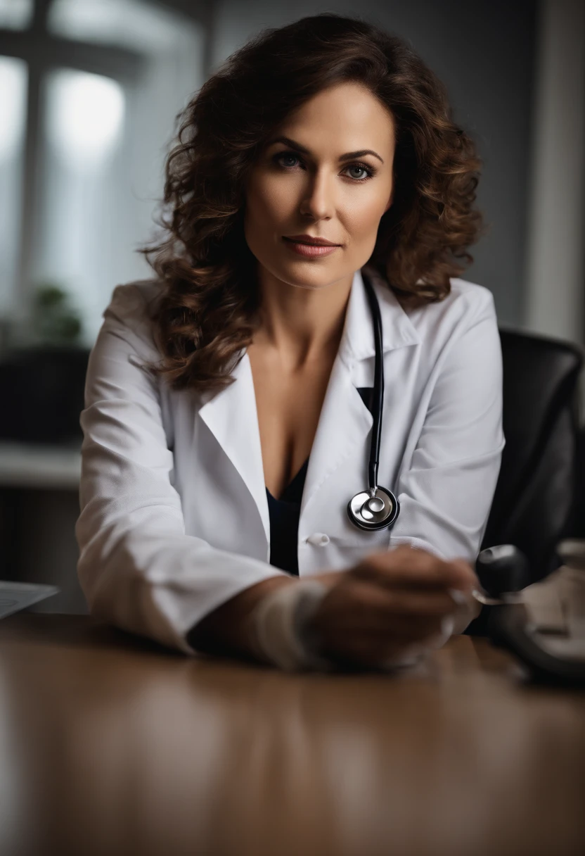 Portrait of a female doctor, medical, attractive, professional, experienced, clinical, 35yo, sitting at a work desk, concerned look on face, kind, caring, naked, breasts, cleavage, nipples, sexy, horny, butt, ass, pretty, experienced, wanting you, ready,