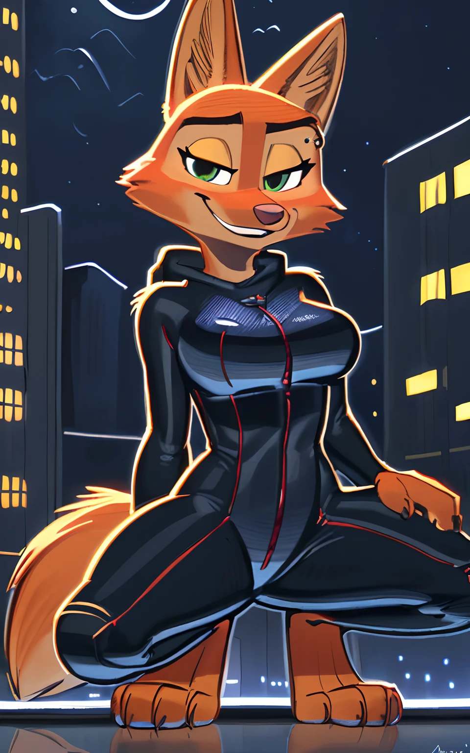 [spidermanClasic female], [Diane Foxington], [Uploaded to e621.net; (wamudraws), (Pixelsketcher)], ((dreamworks artstyle)), ((inspired by Steve Ditko)), ((masterpiece)), ((solo portrait)), ((full body)), ((front view)), ((furry; antrho fox girl)), ((detailed fur)), ((reflective surfaces)), ((detailed shading)), ((beautiful render art)), ((cel shading)), ((nighttime lighting)), {anthro fox; (orange fur, pink nose, fluffy fox tail, thin black lips, white teeth, small round black-green eyes, (seductive gaze), (smug grin), (spiderweb bodysuit), cleavage, (curvaceous hips), (small boobs), (eye piercing; LEFT eye), beautiful feet, 4 toes, black claws}, {(crouching), (dynamic pose), (hand on thigh)}, [background; (city), (building roof), (starry sky), (full moon)]