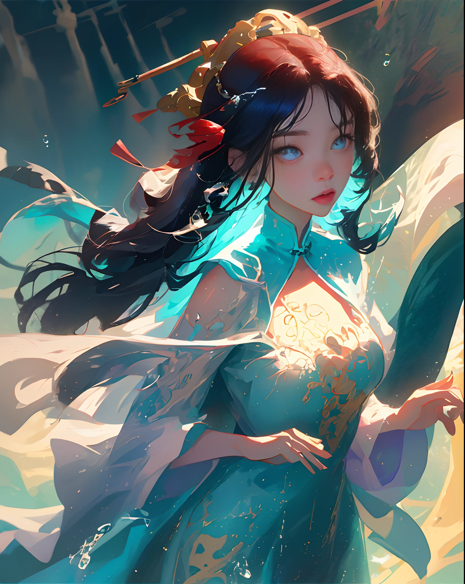 Cartoon, lady Zhen do jogo h. O. K., floating water bubbles, blue water color dress, detalhes roxos no vestido, vestido longo, Water magic by the body, Controlling the water, Chinese style hair stuck