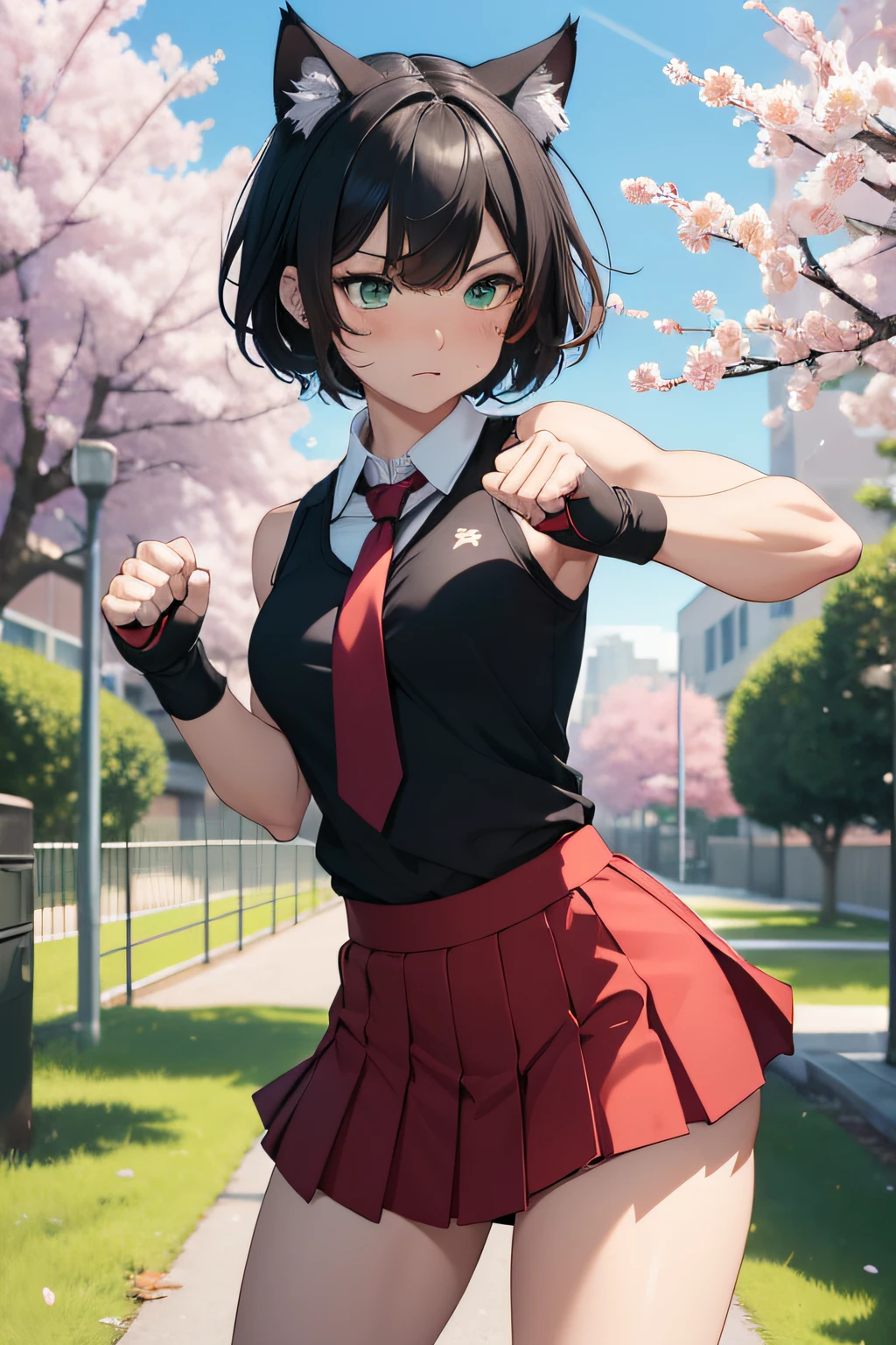 1 cat girl, muscular, short hair, sleepy, green eyes, wearing black school uniform, neck tie, wearing red skirt, wrapping boxing tape, fighting pose, cherry blossom trees in the background