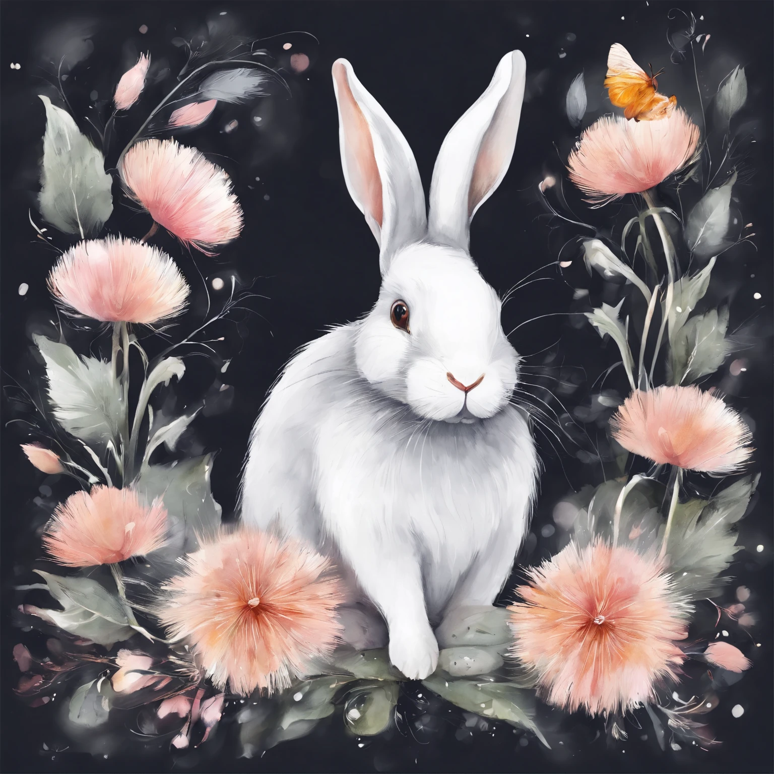 aquarelle, White oval photo frame dandelion,Blue and pink,Cute cartoon white rabbit, Beautiful, 1:1, the watercolor style, Flower and leaf motifs, Wet process and wet process, mute, Indigo, Fabric design, Flat illustration, highly detailed cleaning, Vector image, Masterpiece, professional, isometry, There is a distance,Bright vector, Black background, Dry brush, Brush strokes, Painted on canvas, by J.m.Show on the. Turner. Expressive markers.