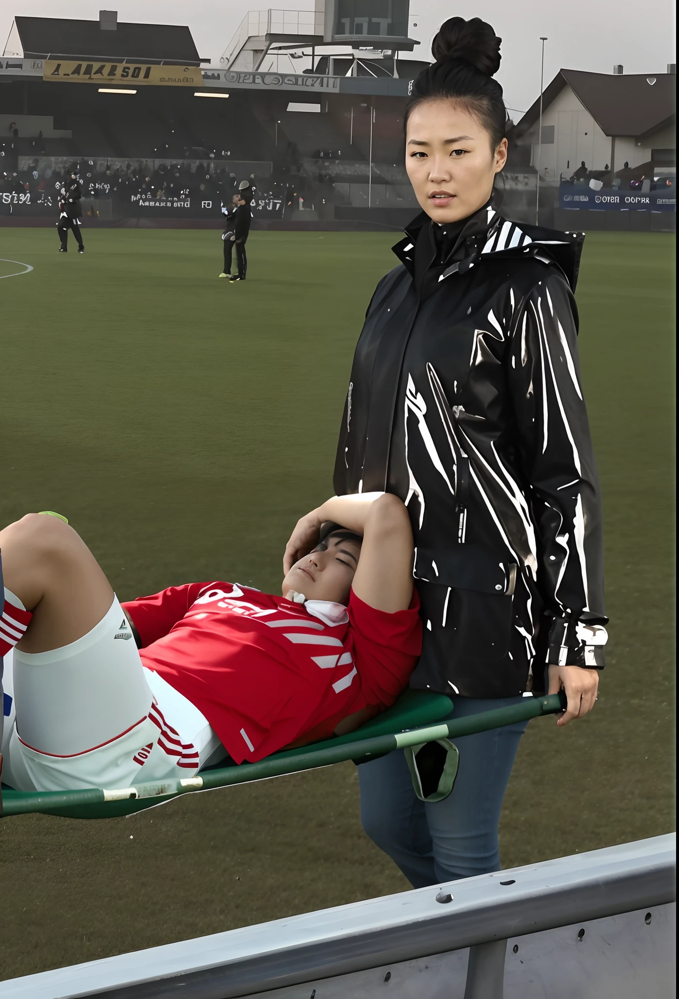 A scene at a soccer stadium in Mongolia, There is an attractive and heavily made-up Mongolian female police officer in a long black leather coat, A Mongolian female police officer in a shiny black leather coat on a soccer field, A Mongolian female police officer is holding a stretcher, A man is lying on the soccer stadium his back with his torso on the right in matt and roughened white and red sportswear on a stretcher, a man lies on a stretcher and has his left arm bent over his face, we only see the torso and thighs of the male athlete who is being carried with the stretcher to the left off the picture, the man lies on his back on the stretcher and covers his face with his bent left arm, the mongolian policewoman is exceptionally heavily made up and has an extremely desperate and very angry expression on her face, high-resolution photo, realistic sports photo, soccer scene, mongolia, mongolian policewoman, uniformed woman in black shiny long leather coat, injury scene, real photo, ultra realistic, high definition, sports photography