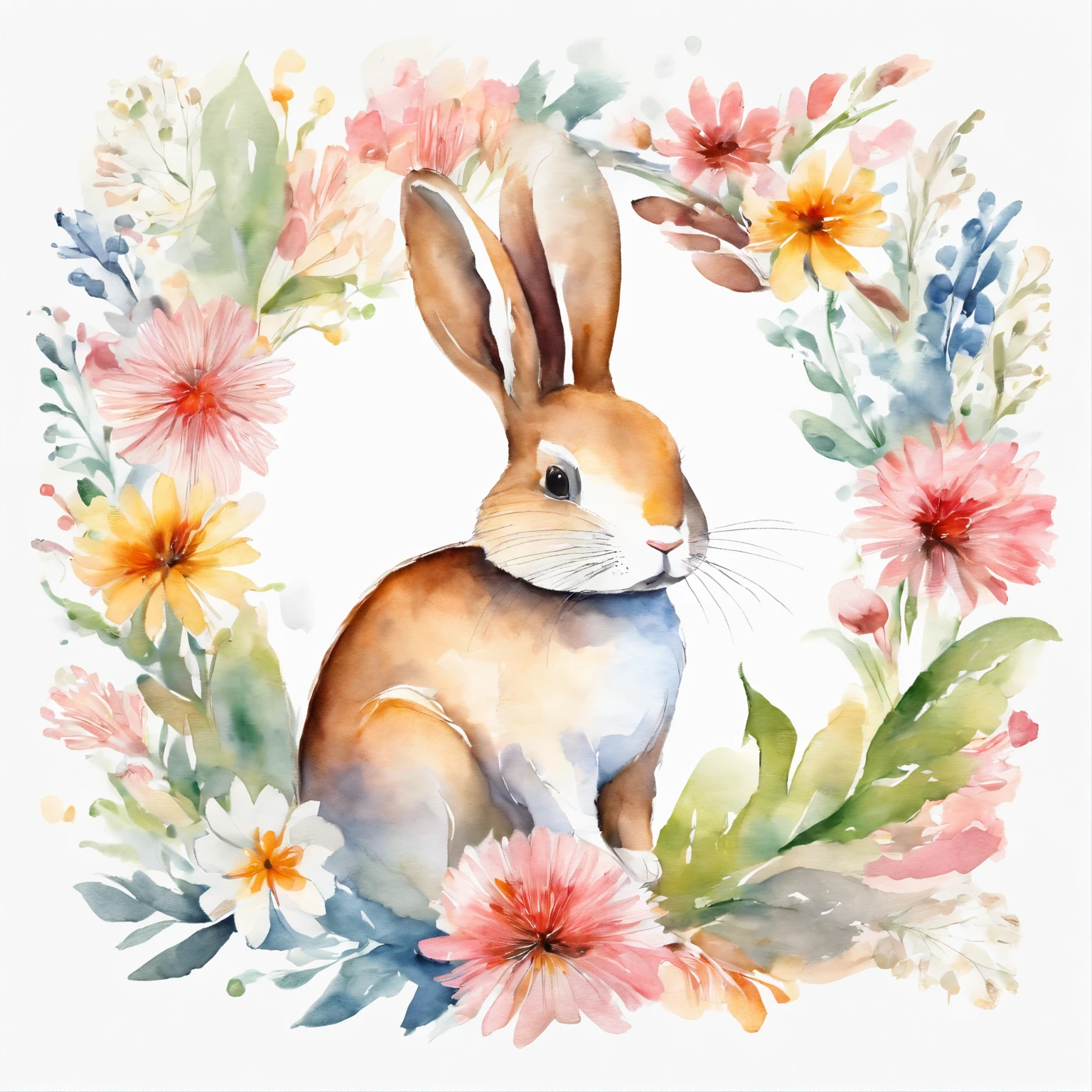 aquarelle, White oval photo frame dandelion,Blue and pink,Cute cartoon white rabbit, Beautiful, 1:1, the watercolor style, Flower and leaf motifs, Wet process and wet process, mute, Indigo, Fabric design, Flat illustration, highly detailed cleaning, Vector image, Masterpiece, professional, isometry, There is a distance,Bright vector, Black background, Dry brush, Brush strokes, Painted on canvas, by J.m.Show on the. Turner. Expressive markers.
