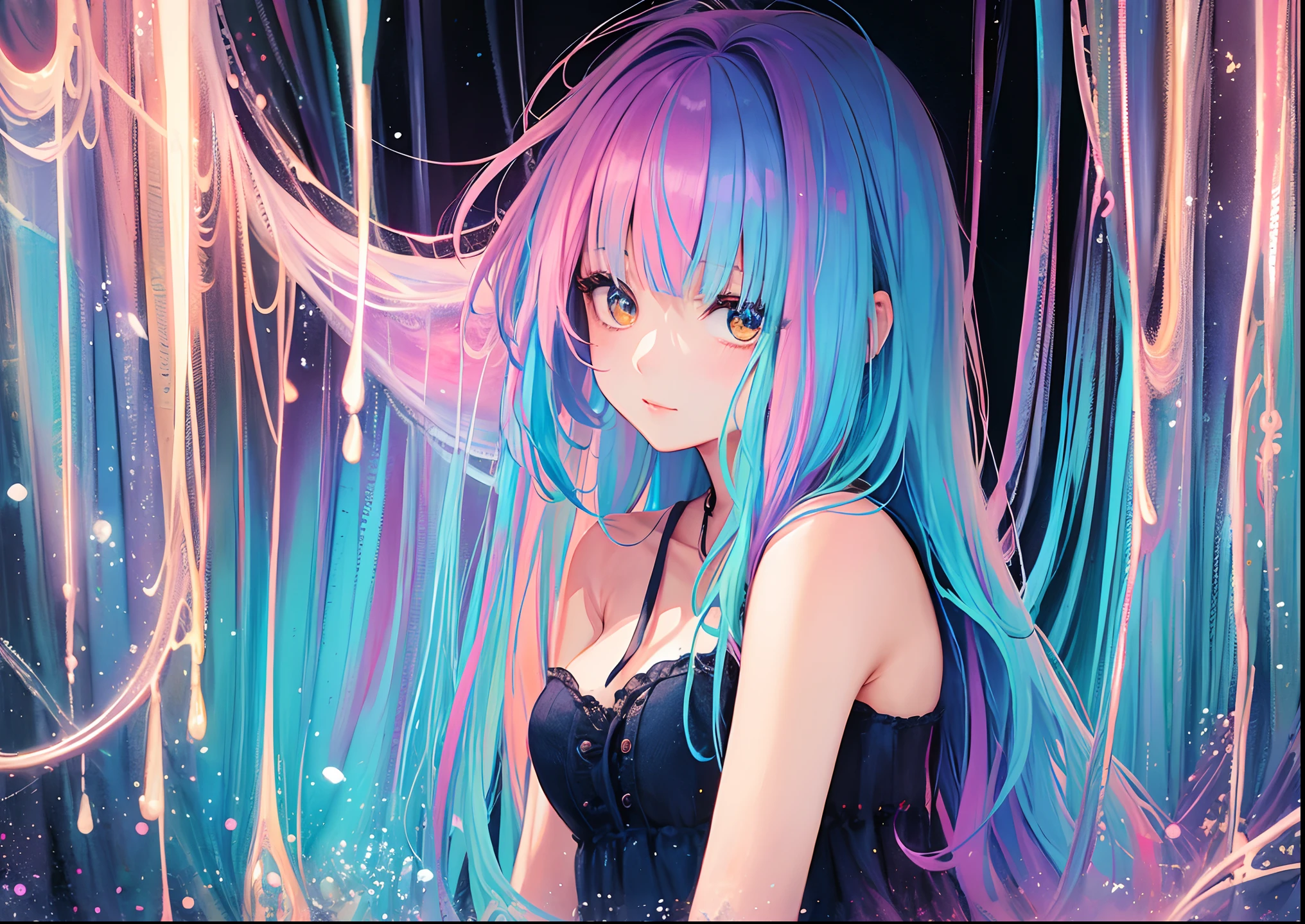 (masterpiece、top-quality、top-quality、watercolor paiting(Curly)、Official art、Beautifully Aesthetic:1.2)、(1girl in:1.3)、(Fractal Art:1.3)、The upper part of the body、From Side、looking at the viewers、patterns、(bob cuts、rainbow-colored hair、colourful hair、Half blue and half pink hair:1.2)、Eau、liquids、clouds、colourfull、starrysky、stele、