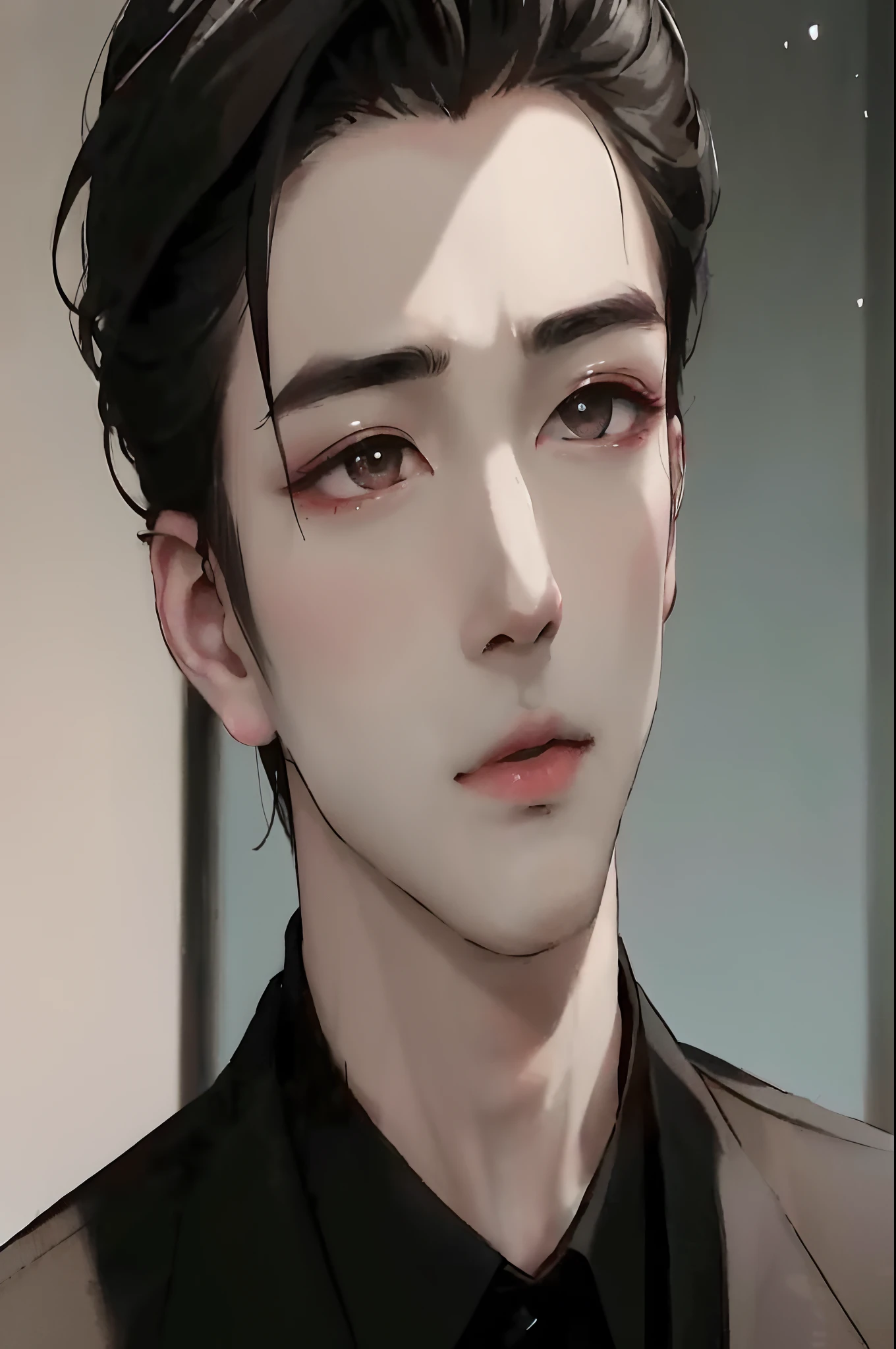 There was a man wearing a black shirt and a black tie, handsome guy in demon killer art, Delicate androgynous prince, Cai Xukun, Anime handsome man, Inspired by Zhang Han, Beautiful androgynous prince, Male anime style, Guviz-style artwork, inspired by Yanjun Cheng, Anime portrait of a handsome man