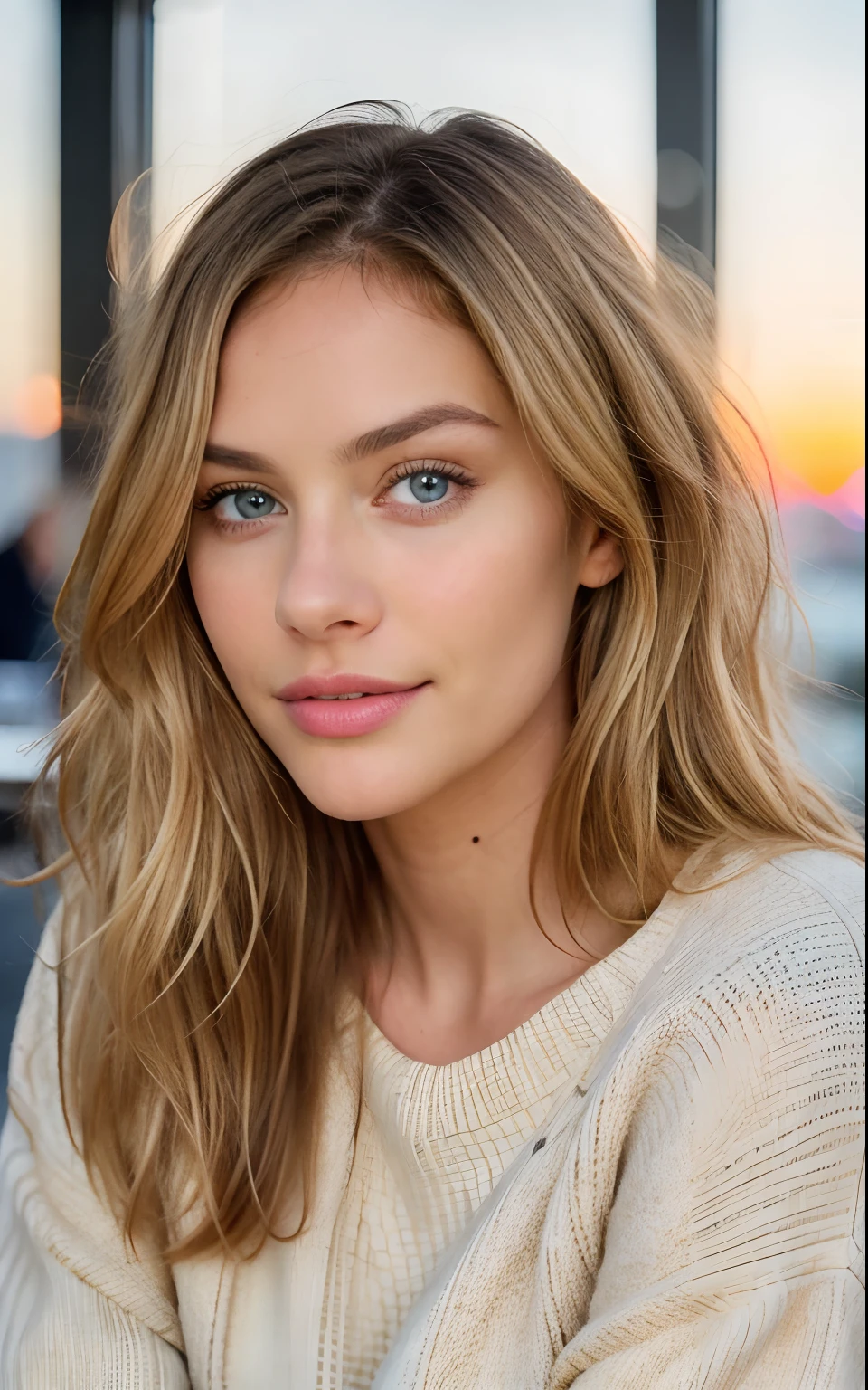 Beautiful blonde in beige sweater (Drink coffee in a modern café at sunset), Very detailed, 21 years old, Innocent face, Natural wavy hair, Blue eyes, High resolution, Personal Color, Yellow base, masutepiece, Best Quality, Intricate details, Highly detailed, Sharp Focus, Detailed skin, Realistic skin texture, Texture, Detailed eyes, Professional, 4K, Charming smile, shot in Canon, 85 mm, Shallow depth of field, Kodak Vision Color, Perfect Fit Body, Extremely detailed, a picture_\(Ultras\), Photorealistic, Realistic, Post-processing, Maximum Detail, Roughness, Real life, A hyper-realistic, Photorealism, Photography, 8K UHD, Photography