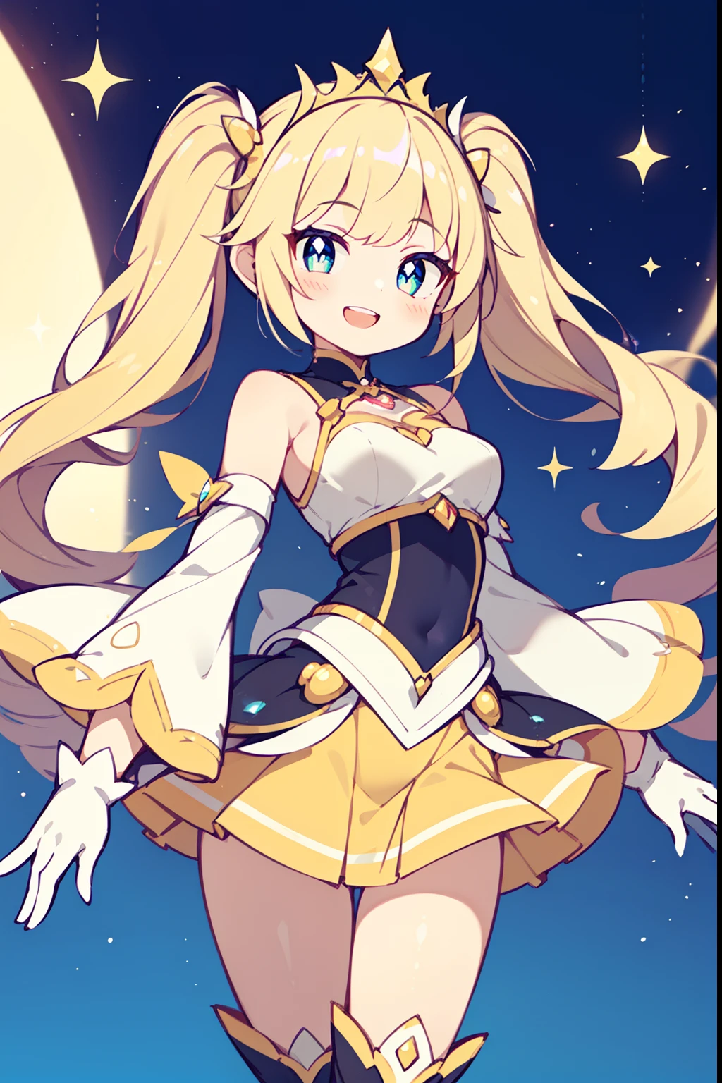 (1girl in:1.2), (Solo:1.2), masutepiece, nffsw、Shaders、Brilliant Textured Work、Ultra-detailed eyes、ultra-intricate pupil in eyes、top-quality、Sparkling eyes、pale yellow hair、drills twintails、length hair、(serious), (smile), (teeth)、(iridescent eyes:1.2)、(hollow eyes, half-closed eyes)、(sketch)、Magical Girl Clothes、Yellow costume、Tiered miniskirt、Shoulder out、Separated sleeves、Wide sleeves、(White gloves:1.1)、Magical Girl Boots、Standing Picture、GameCG、dynamic ungle、A Princess、Bulging breasts、Tiara on the head、Appeal to us、