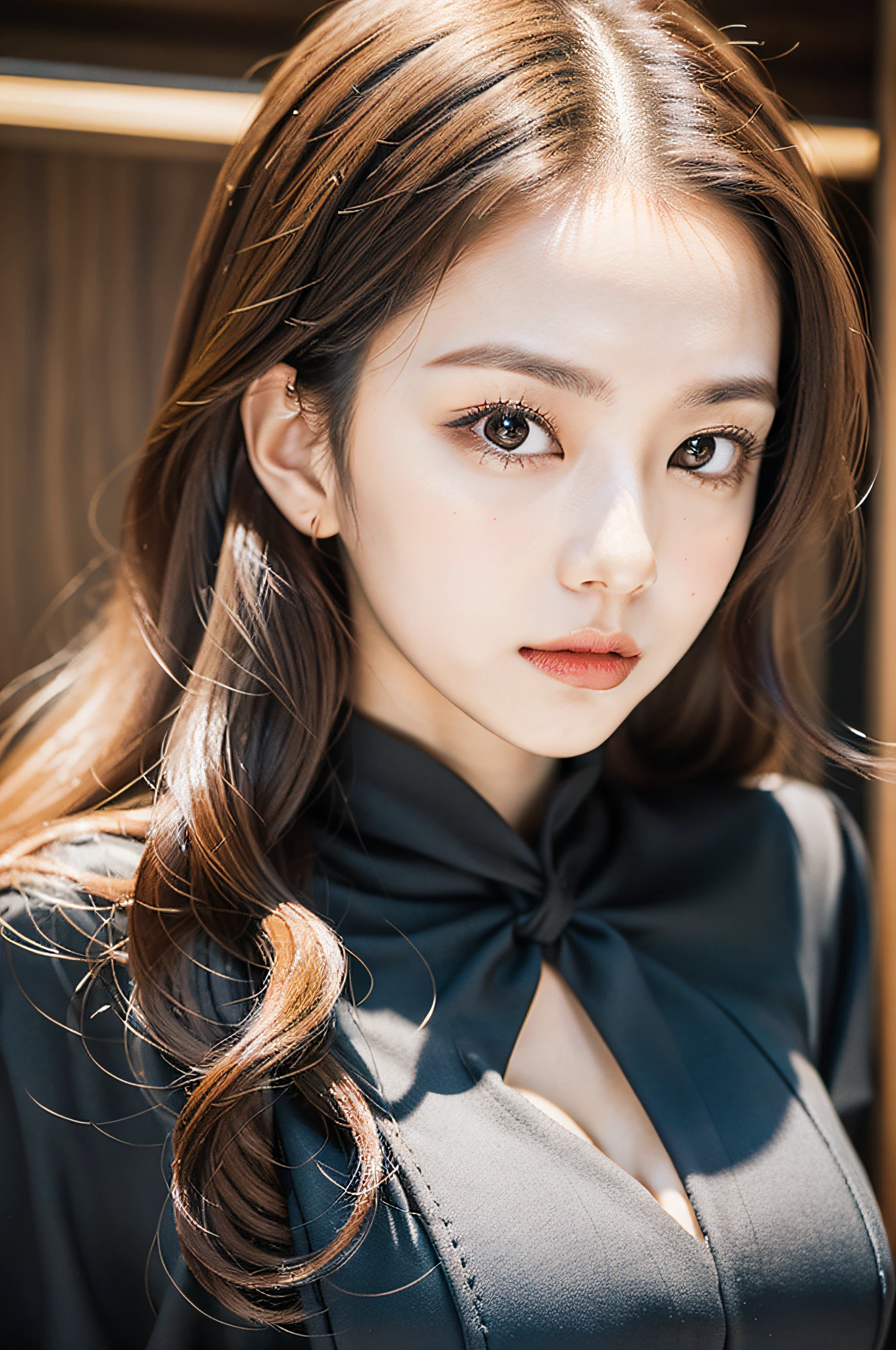 Close-up portrait of Eri Kamei as a judge. She is adorned with the iconic black robe, White collar, and judicial wigs. Her face is the main focus, Show a serious attitude. Although the background is blurry、Propose a courtroom setting with wooden elements and possibly other court personnel. The lighting is soft, illuminating her face, Emphasizes the contrast between her fair skin and black robe. Colors should be rich and detailed, Focus on her facial expressions. Shots must be taken with an 85mm lens, F/2.8, ISO 100, Shutter Speed 1/100, With soft front light to capture her features in detail.
--ar 16:9 - V5.1 --Style raw --Q 2 --S 750