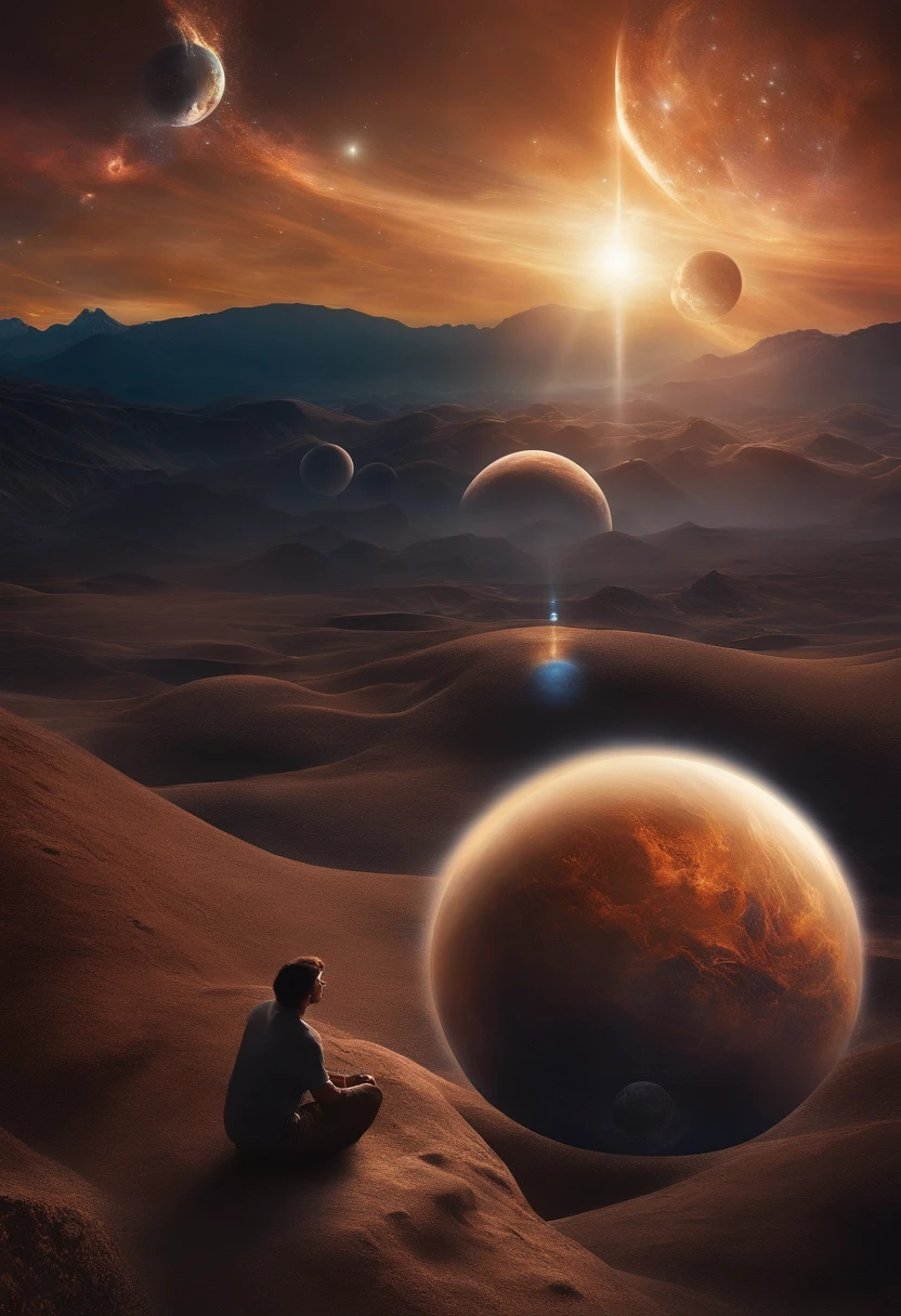 A man before a space full of planets, sua mente contemplando a eternidade, consciousness projection, rosto derretendo no universo, they reach into his mind, the rise of consciousness, elevated consciousness, mind exploration, rasing of consciousness, infinite consciousness, cosmic enlightenment, no plano astral ) ) ), um ser interdimensional, distributed consciousness