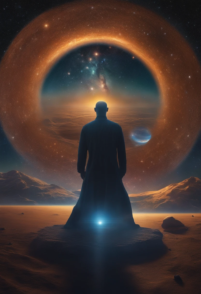 A man before a space full of planets, sua mente contemplando a eternidade, consciousness projection, rosto derretendo no universo, they reach into his mind, the rise of consciousness, elevated consciousness, mind exploration, rasing of consciousness, infinite consciousness, cosmic enlightenment, no plano astral ) ) ), um ser interdimensional, distributed consciousness