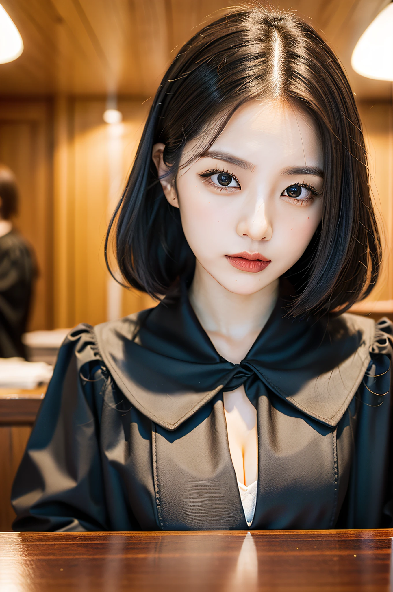 Close-up portrait of Eri Kamei as a judge. She is adorned with the iconic black robe, White collar, and judicial wigs. Her face is the main focus, Show a serious attitude. Although the background is blurry、Propose a courtroom setting with wooden elements and possibly other court personnel. The lighting is soft, illuminating her face, Emphasizes the contrast between her fair skin and black robe. Colors should be rich and detailed, Focus on her facial expressions. Shots must be taken with an 85mm lens, F/2.8, ISO 100, Shutter Speed 1/100, With soft front light to capture her features in detail.
--ar 16:9 - V5.1 --Style raw --Q 2 --S 750