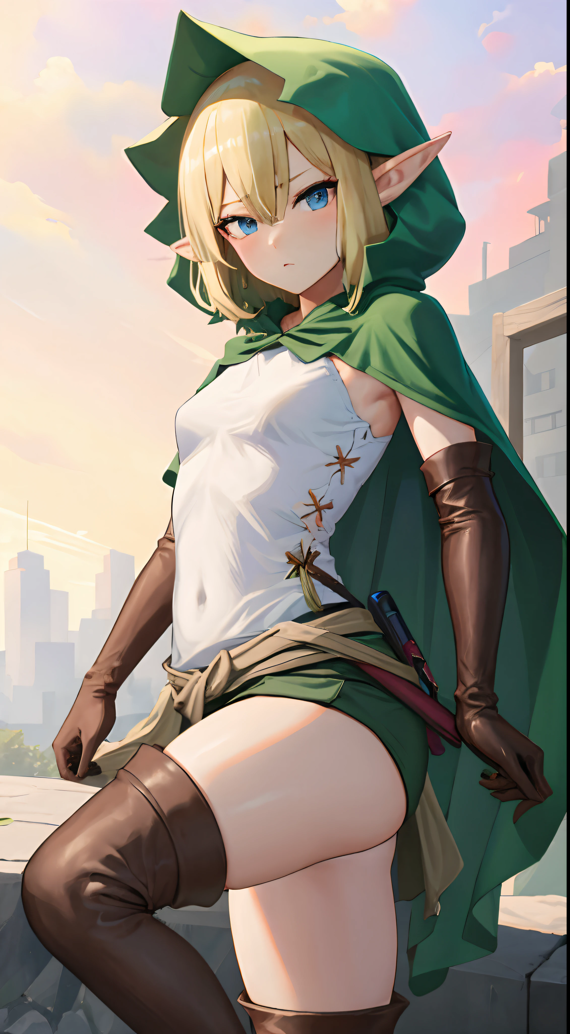 Ryurion, Ryu Lion, Blonde hair, Blue eyes, elf, hair between eye, pointy ear, Short hair,
Blake Boots, Brown gloves, Buruma, Cape, cloaks, 鎖骨, elbow groves, gloves, Green bloomers, Green Cape, Green cloak, Green shorts, hoods, cloak with hood, Shirt, Shorts, Thigh boots, thighs thighs thighs thighs, White shirt,,
BREAK looking at viewer,
BREAK outdoors, city,