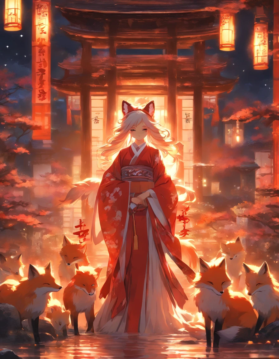 (masterpiece:1.1),(best quality:1.5),(illustrations:1.1), (1girl and 1fox), The girl looks like a shrine maiden, fox is nine tails, Big fox behind the girl, BREAK, A white, divine fox with nine tails and a shrine maiden are nestled together in front of the main shrine building, illuminated by moonlight. They have beautiful faces and brightly colored shining eyes. They wear white and crimson miko outfits. The fox's white fur shines faintly in the moonlight. Detailed drawing. Vivid colors. High image quality.,