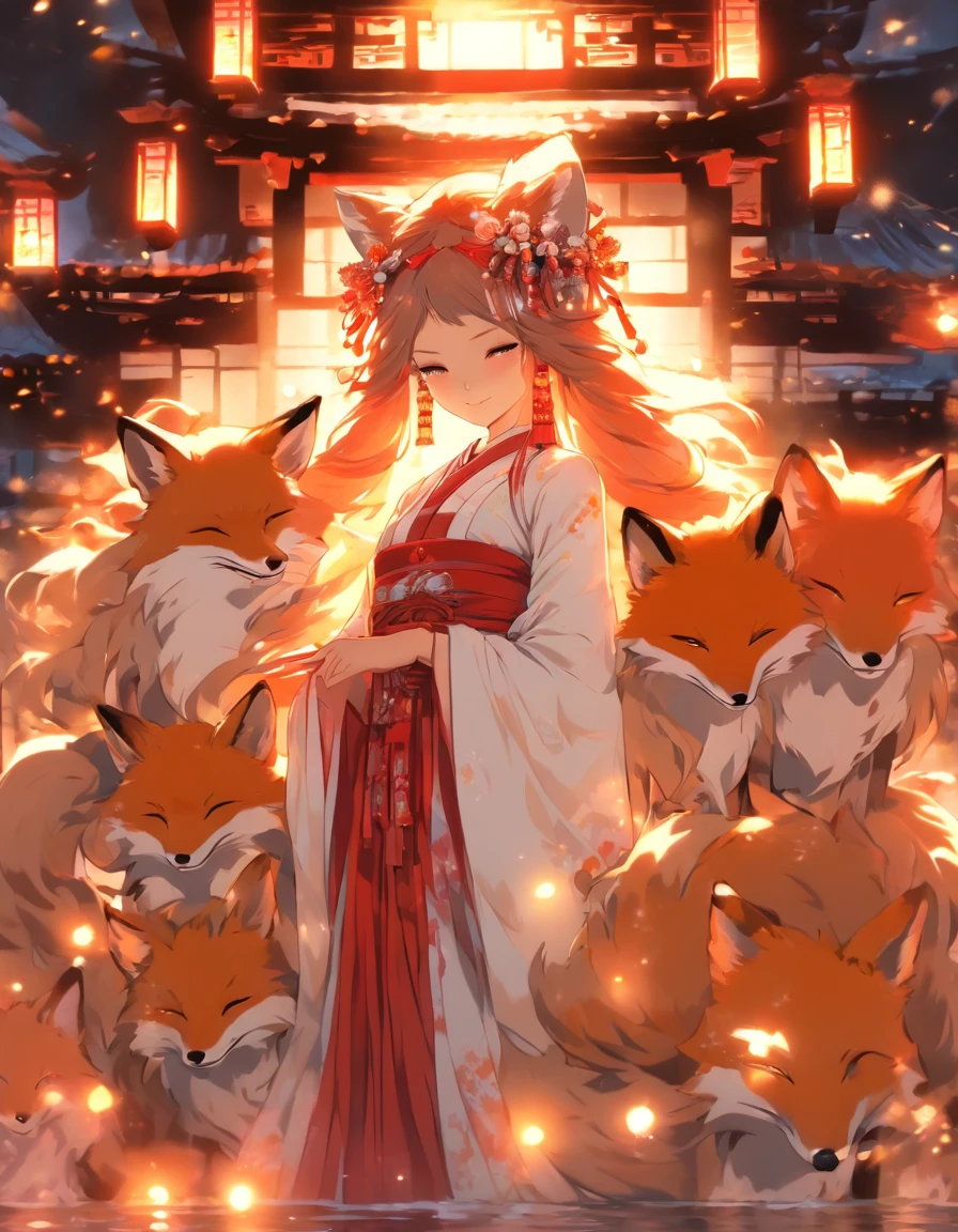 (masterpiece:1.1),(best quality:1.5),(illustrations:1.1), (1girl and 1fox), The girl looks like a shrine maiden, fox is nine tails, Big fox behind the girl, BREAK, A white, divine fox with nine tails and a shrine maiden are nestled together in front of the main shrine building, illuminated by moonlight. They have beautiful faces and brightly colored shining eyes. They wear white and crimson miko outfits. The fox's white fur shines faintly in the moonlight. Detailed drawing. Vivid colors. High image quality.,