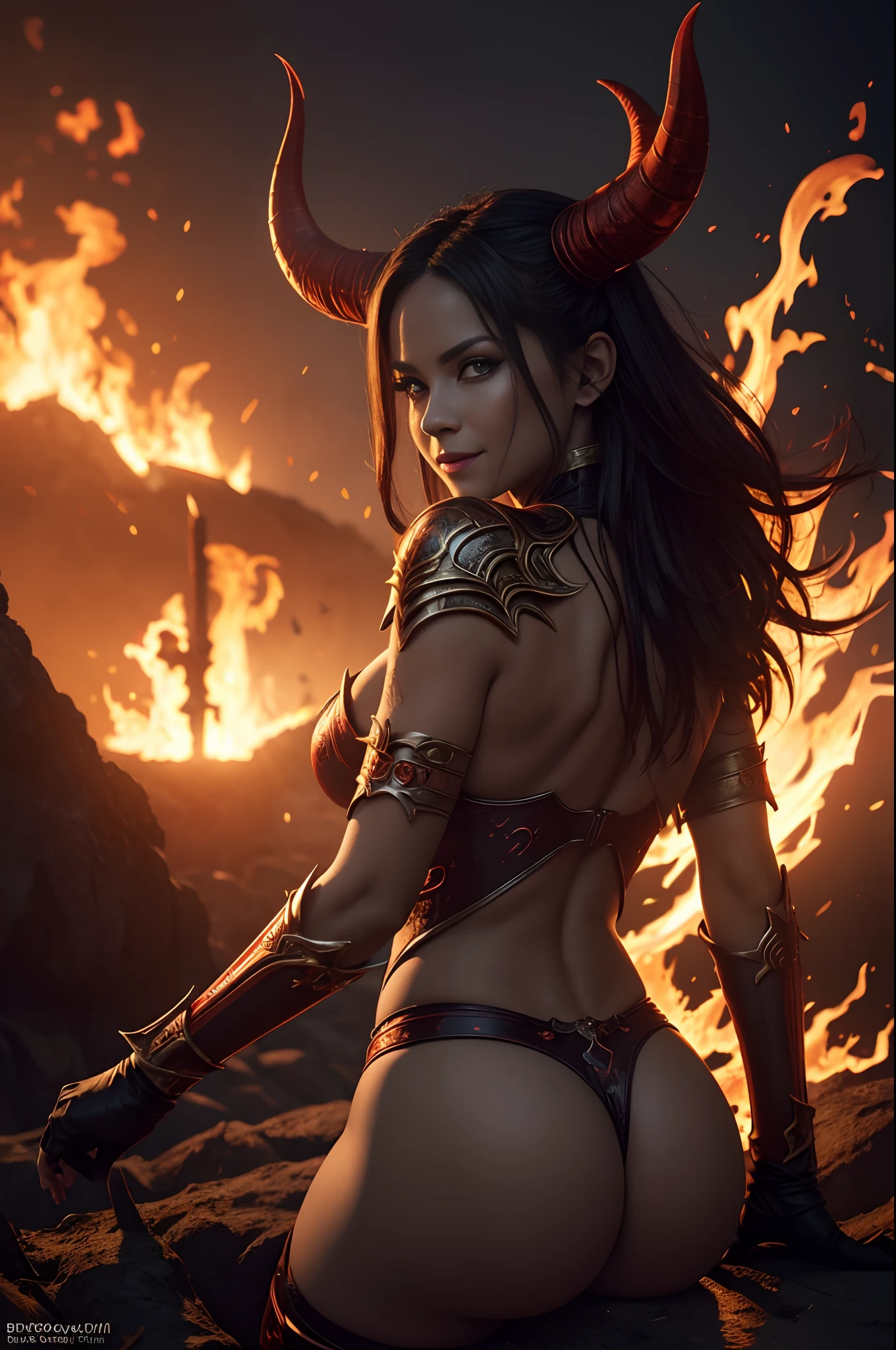 Beautiful mature female demon, horns, tail, cruel smile, red skin, sexy fetish armor, wreathed in fire, fiery eyes, temptation, taking your soul, hellscape background, tortured souls, hordes of hell in the distance, (masterpiece), (photorealistic:1.4), RAW photo, best quality, high res, rich colors, backlight, bright sunlight, cinematic lighting, film grain, raw photo, 50mm lens, Nikon D850, warm colors