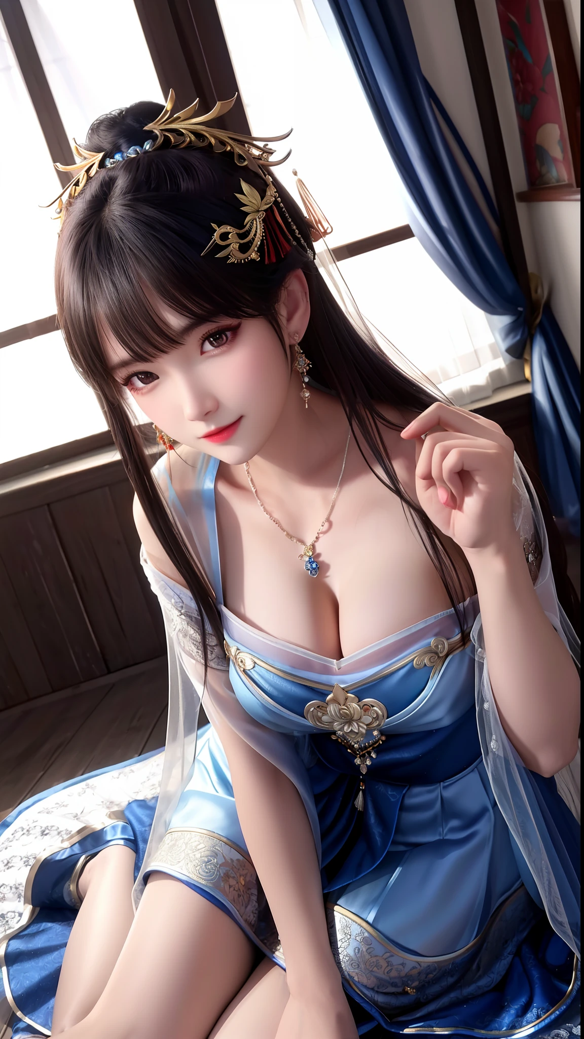 best quality, masterpiece, highres, 1girl, china wedding dress, dark blue dress highlight, hair ornament, necklace, jewelry, Beautiful face,upon body, tyndall effect, photorealistic, dark studio, rim lighting, two tone lighting, (high detailed skin:1.2), 8k uhd, dslr, soft lighting, high quality, volumetric lighting, candid, Photograph, high resolution, attractive pose,