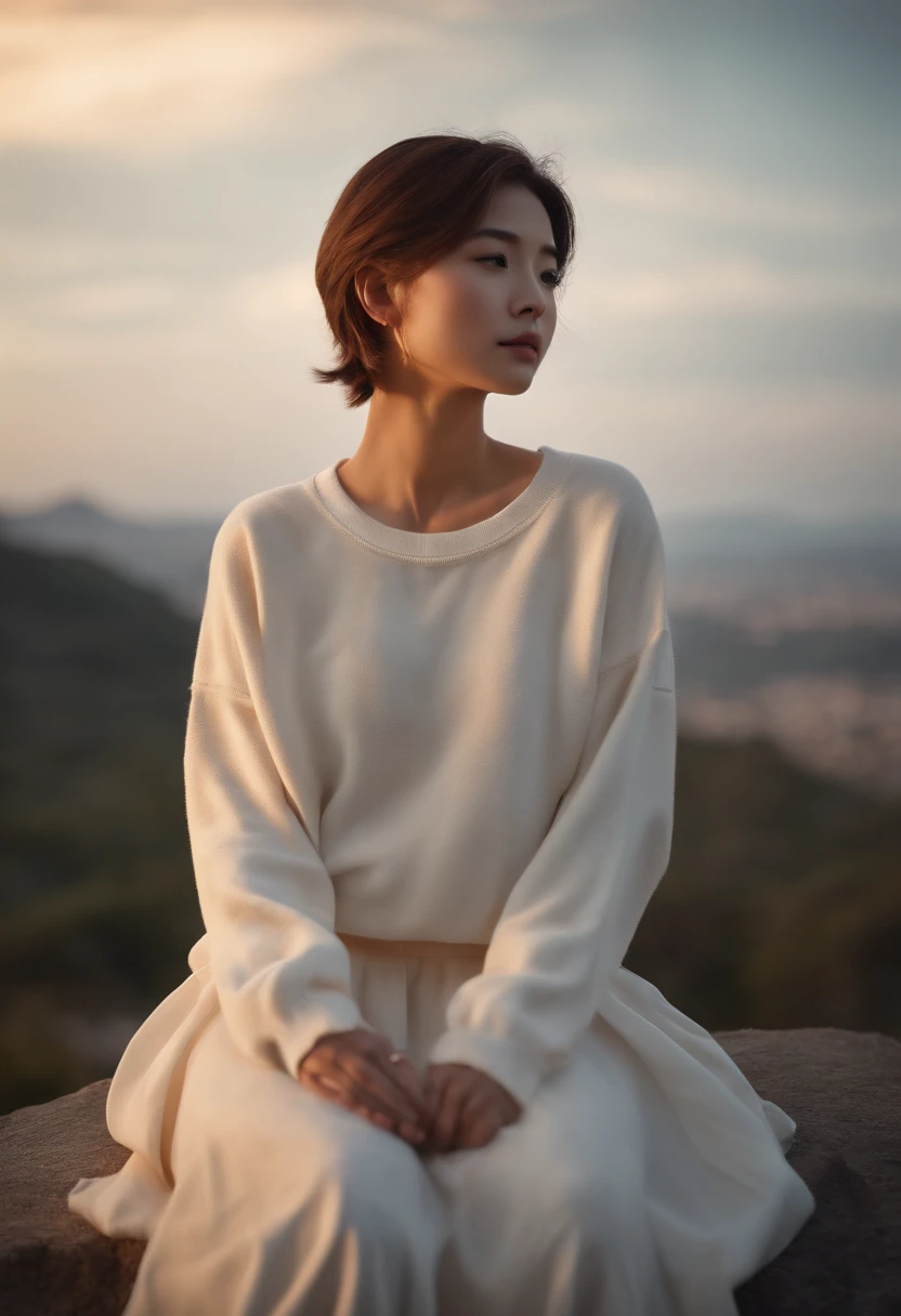 ((of the highest quality, 8K,Raw photo)), (Realistic, Photorealistic: 1.37), (Face Focus: 1.1), Small breasts, flat chest, Short hair, A Japanese Lady、20yr old、Japan idol system、(white sweatshirt: 1.1)、Skirt, Sitting, Arms up, From below, Sunlight, Movie Lighting, Beautiful girl with windblown hair in twilight sky