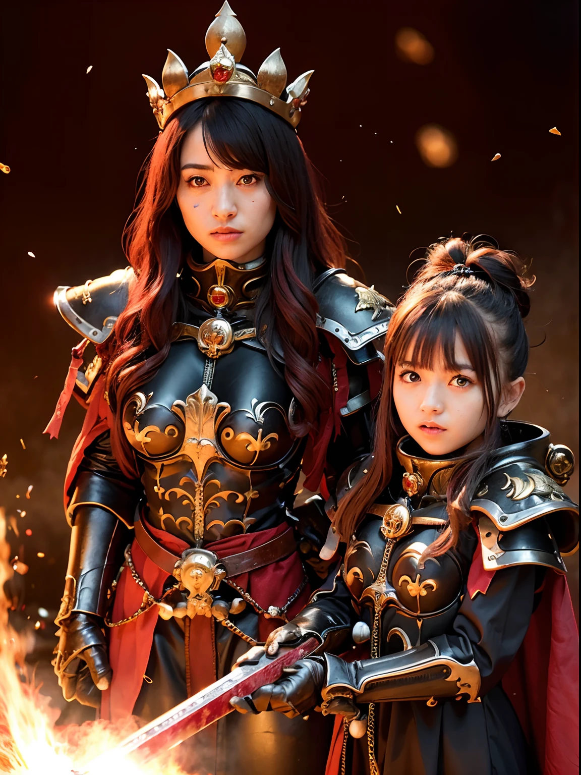 (Bleeding from the head), Professional , ​masterpiece、top-quality、photos realistic , depth of fields （Gemstone Black Metal Body:1.4),(Matte Black、Toostock、（cleavage of the breast）、（(Random Hairstyles 1.5),Dark Fantasy,）explosions、intense fighting、Blood on the face,Blood Rain,Blood fog（blood splattere：1.9),Dragon Gold Weapon,Mystical expression、Particles of light、Fight dragons、（Dragon Metal Body:1.４),Gorgeous Silver Weapons ,（（ Dragon's dense and gorgeous sword）） , Beautiful knife   ,warhammer 40k , adepta sororitas,Detail and gorgeous crown、（（Red hair））、（Castle background）、、（（Gangle's forest background））、Beautiful Caucasian beauty、１a person、dynamic ungle,(((Detailed and ornate Black Devil Crown)))、Smaller head、A smile、Castle background、Thin and beautiful female hands、cleavage of the breast、Soldier in iron armor on background、Mystical expression、Light Effects、intense fighting、Wind-effect、magic circles、With the legendary magic wand、（demonic wings）、