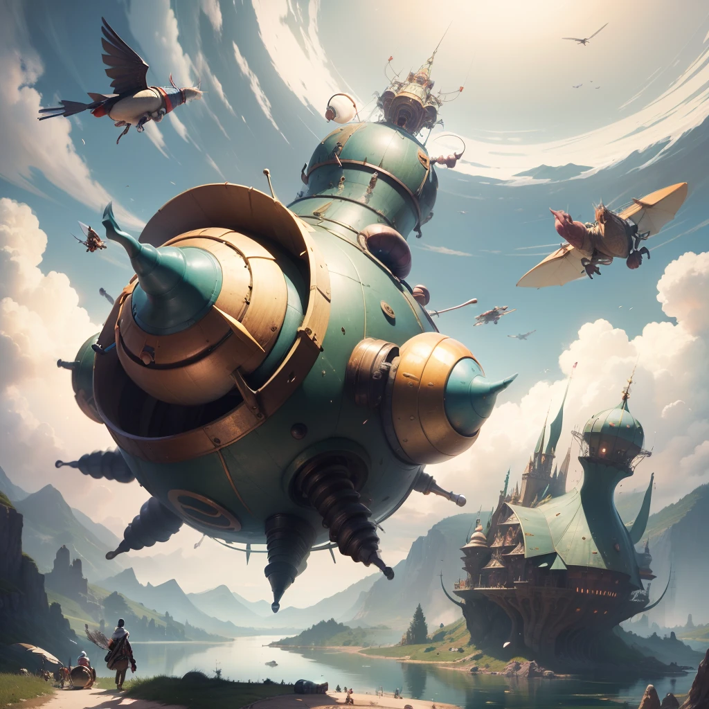 Fantasy world of Jheronimus Bosch with flying friendly huge mechanical snails. Flying over the lake. All the characters are wonderful and funny Cartoon Disney Pixar. Super realistic. Cinematic. Motion blurred background. Light haze --auto --s2