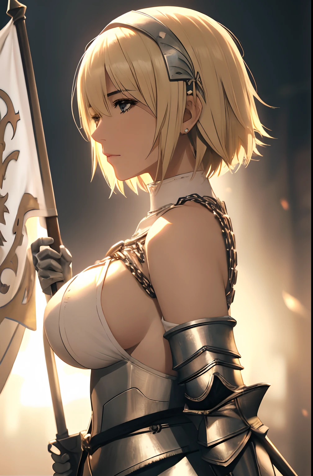 best quality, masterpiece,highly detailed,anime,1girl, adult face, mature face, mature female, mature woman, mature beauty, adult blonde, mature blonde,upper body,(jeanne d'arc),big breasts, large breasts, breast size 95cm, huge breasts, perfect face,blond hair,long hair,(white clothes),(bare shoulder),armored dress,no armor on breasts,breasts covered by white clothes from above,chain,headwear,flag,battlefield in background,depth of field,looking at viewer,cinematic lighting, tit fuck from side, paizuri from side,