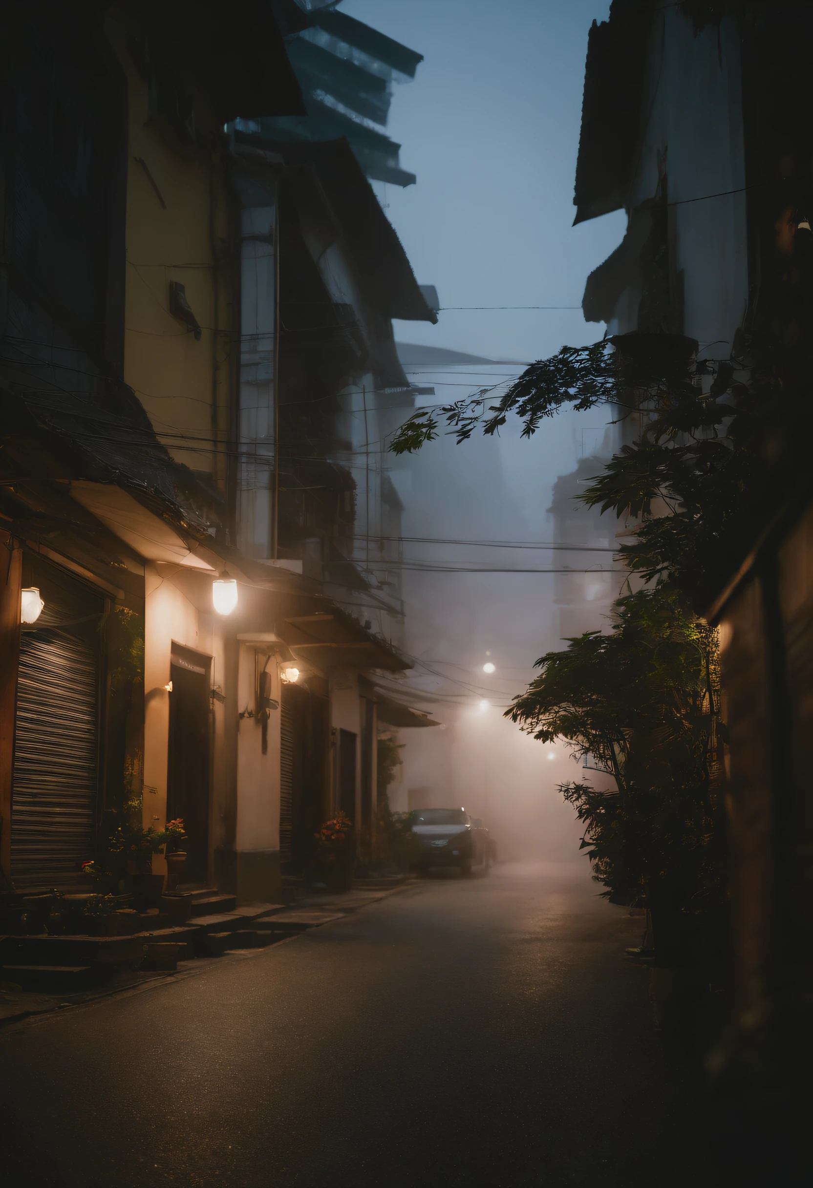 (mid night、deep in the night)、(Nostalgic but worrisome photos、Images in a dream)、((unmanned、There are no people))、((Residential area、faint fog))、((Particle、Grainy photo、Film Touch、color photograph、colourfull、wide angles、wide-angle lens))、