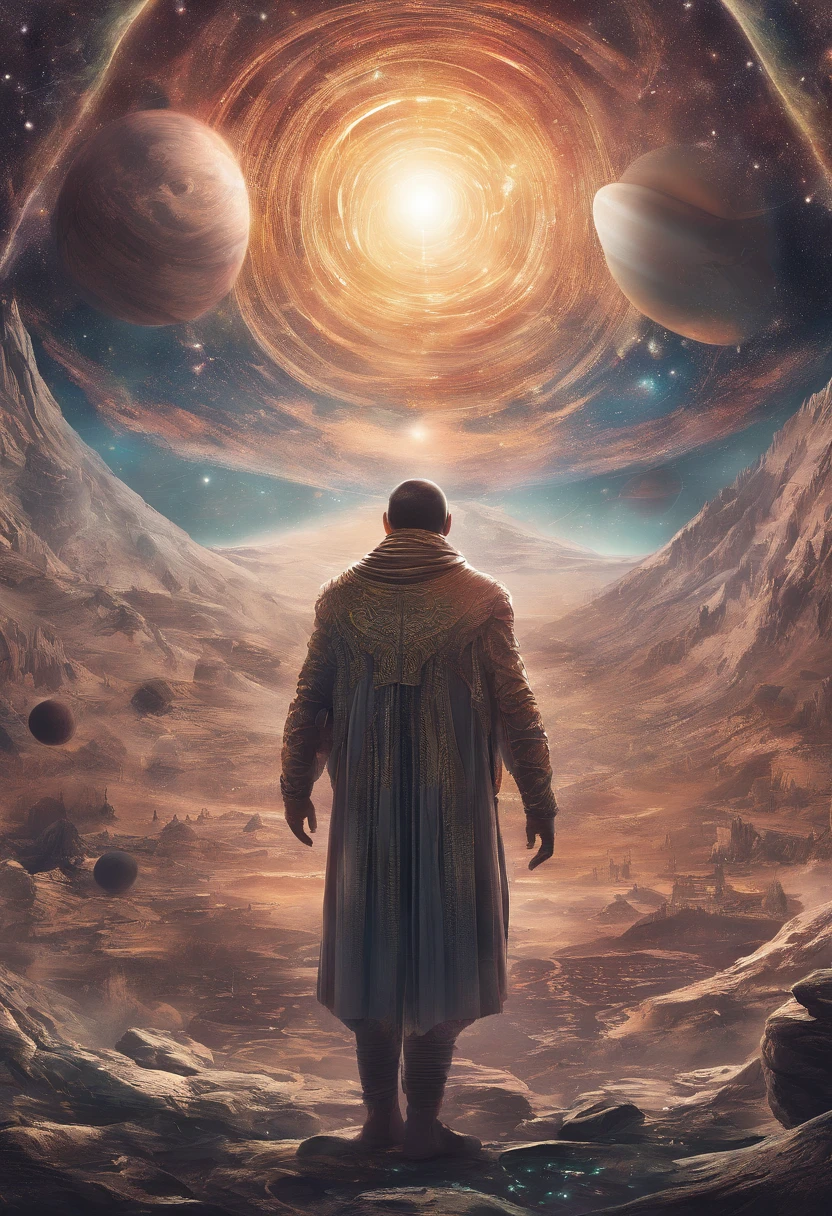 A man before a space full of planets, sua mente contemplando a eternidade, consciousness projection, rosto derretendo no universo, they reach into his mind, the rise of consciousness, elevated consciousness, mind exploration, rasing of consciousness, infinite consciousness, cosmic enlightenment, no plano astral ) ) ), um ser interdimensional, distributed consciousness