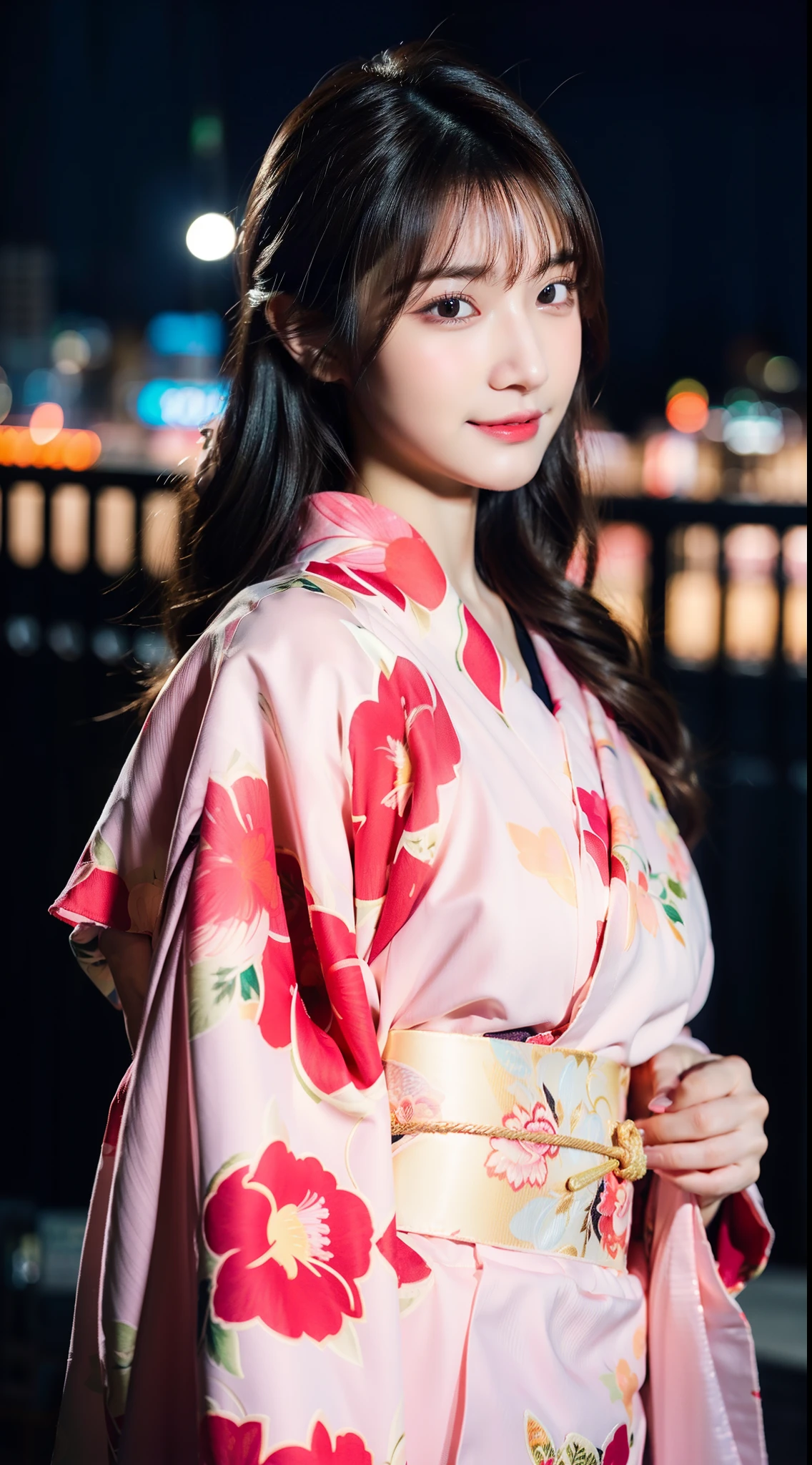 1girl、Streets of Tokyo、facing the front there、summer evening、A city scape、Red floral yukata 1.2、city light、The upper part of the body、a closeup、8k、RAW Photography、top-quality、​masterpiece、realisitic、Photorealsitic, (nsfw), nude:1.3
