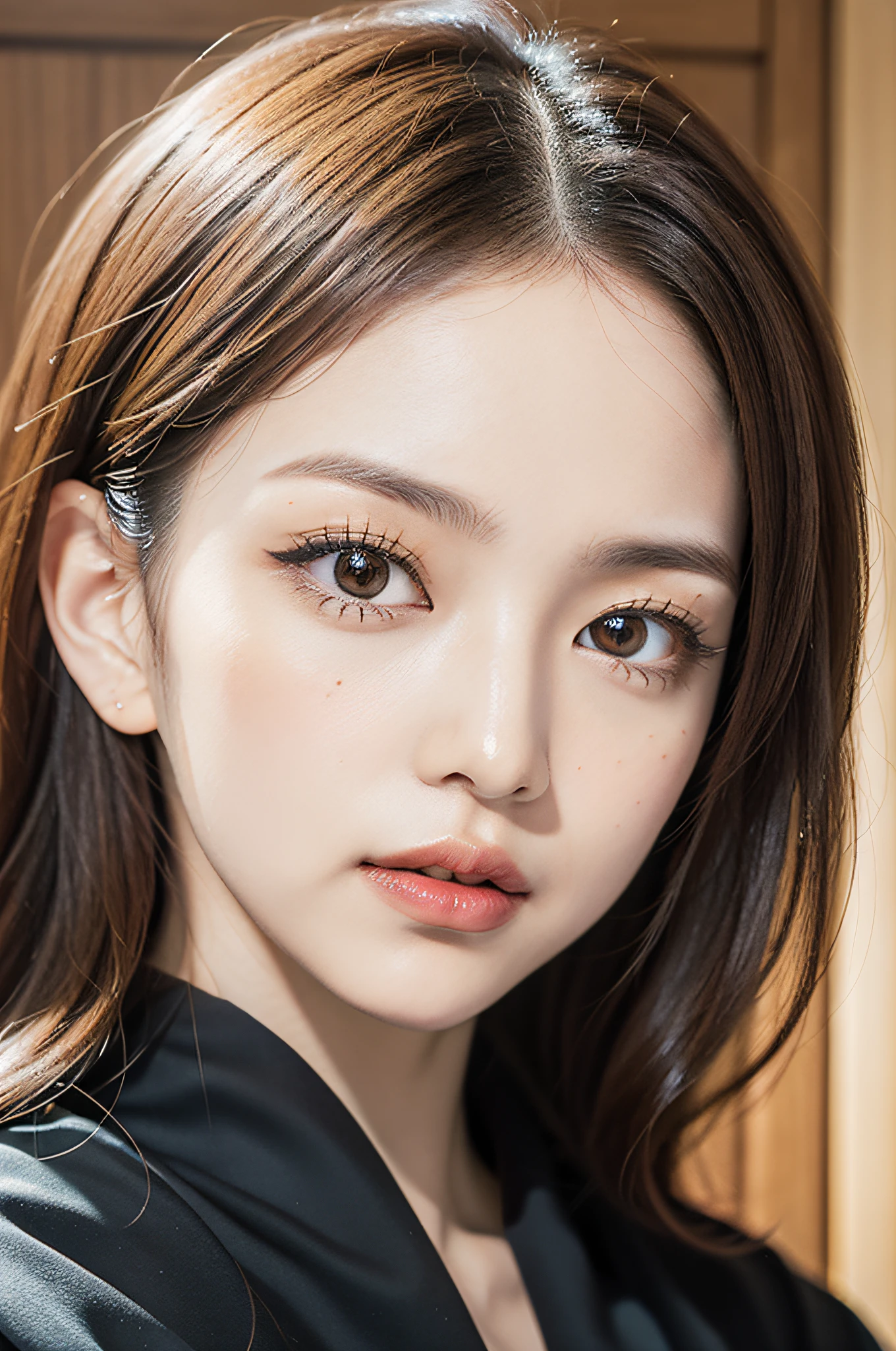 Close-up portrait of Eri Kamei as a judge. She is adorned with the iconic black robe, White collar, and judicial wigs. Her face is the main focus, Show a serious attitude. Although the background is blurry、Propose a courtroom setting with wooden elements and possibly other court officials. The lighting is soft, illuminating her face, Emphasizes the contrast between her fair skin and black robe. Colors should be rich and detailed, Focus on her facial expressions. Shots must be taken with an 85mm lens, F/2.8, ISO 100, Shutter Speed 1/100, With soft front light to capture her features in detail.
--ar 16:9 - V5.1 --Style raw --Q 2 --S 750