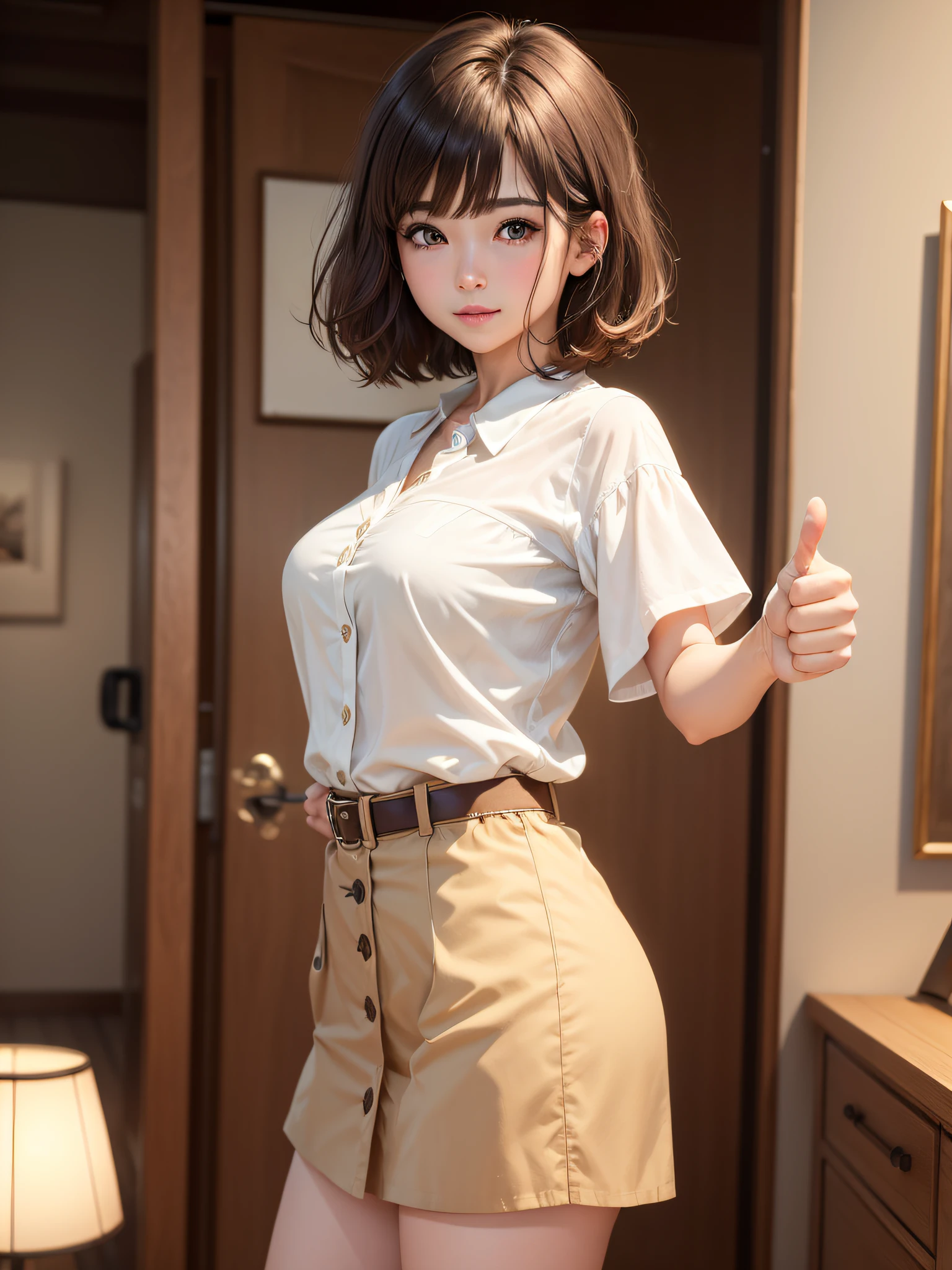 ((top-quality、8k masterpieces:1.3))、(ultra beautiful faces:1.0)、(shinny skin:1.0)、photos realistic、Brown hair, Short bob hair, layers-Cut, Her hair is swaying in the wind, Bangs, Video Lighting、High-definition eyes and face、1 japanese girl, Neat and clean beauty, Cute, Silk Color Blouse, buttoning, from the front side、medium breasts、A slight smile, Museum Painting Exhibition Room, congestion, ((Thumbs up)), --auto