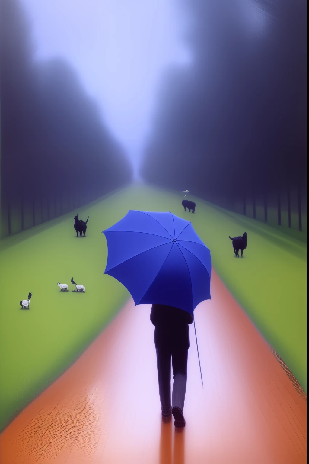 vale，Rainy days，Man with umbrella，Passing animals，Diffuse mist