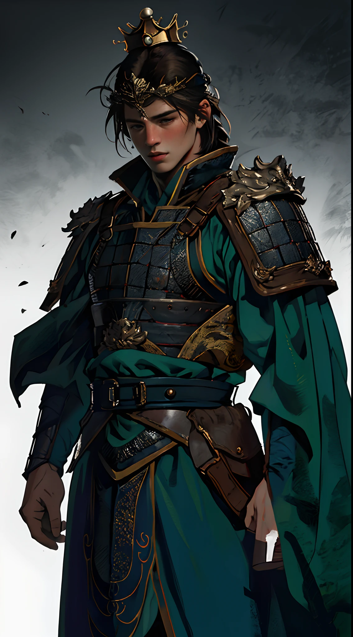 8K, RAW photo, Best quality, (Masterpiece:1.2), (Realistic:1.3), (Photorealistic:1.3), Ultra-detailed, (highdetailskin:1.2), Soft lighting, filmgrain, Fujifilm XT3, Handsome,Muskell,full bodyesbian,1boys,Armor,(((symetry
))),single hair bun,,Hair crown