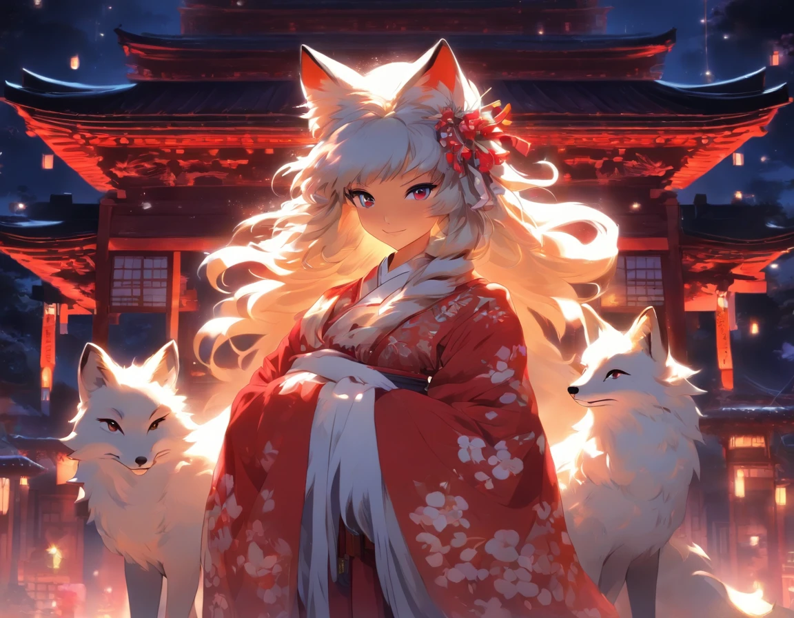 (masterpiece:1.1),(best quality:1.5),(illustrations:1.1), (1girl and 1fox), The girl looks like a shrine maiden, fox is nine tails and white, Big fox behind the girl, BREAK, A white, divine fox with nine tails and a shrine maiden are nestled together in front of the main shrine building, illuminated by moonlight. They have beautiful faces and brightly colored shining eyes. They wear white and crimson miko outfits. The fox's white fur shines faintly in the moonlight. Detailed drawing. Vivid colors. High image quality.,