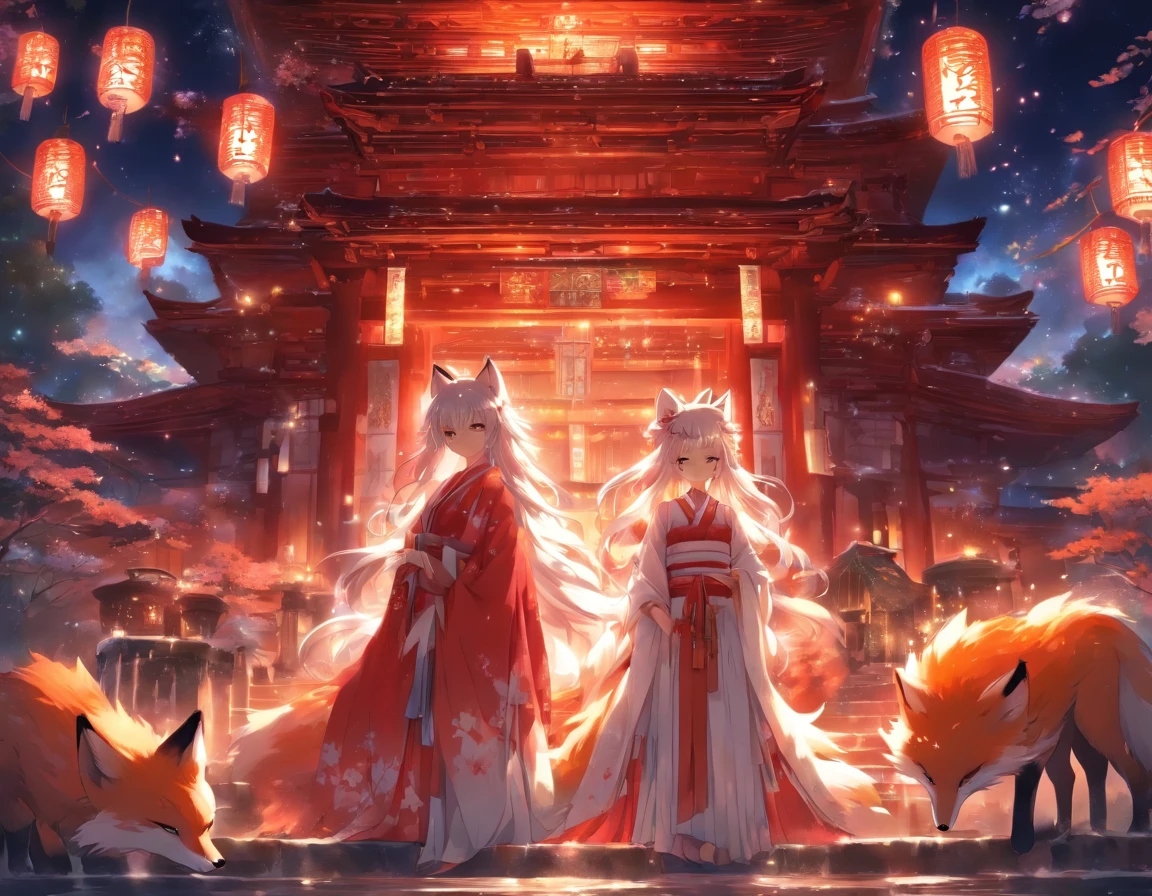 (masterpiece:1.1),(best quality:1.5),(illustrations:1.1), (1girl and 1fox), The girl looks like a shrine maiden, fox is nine tails and white, Big fox behind the girl, BREAK, A white, divine fox with nine tails and a shrine maiden are nestled together in front of the main shrine building, illuminated by moonlight. They have beautiful faces and brightly colored shining eyes. They wear white and crimson miko outfits. The fox's white fur shines faintly in the moonlight. Detailed drawing. Vivid colors. High image quality.,