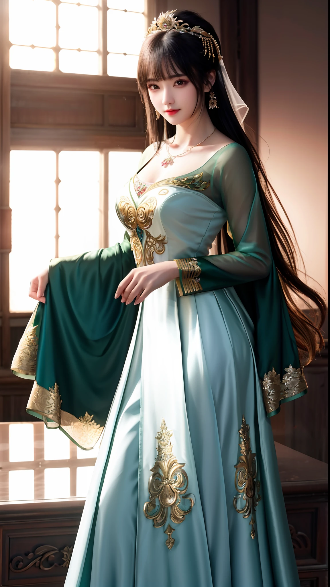 best quality, masterpiece, highres, 1girl, china wedding dress, dark green dress highlight, hair ornament, necklace, jewelry, Beautiful face,upon body, tyndall effect, photorealistic, dark studio, rim lighting, two tone lighting, (high detailed skin:1.2), 8k uhd, dslr, soft lighting, high quality, volumetric lighting, candid, Photograph, high resolution, attractive pose,