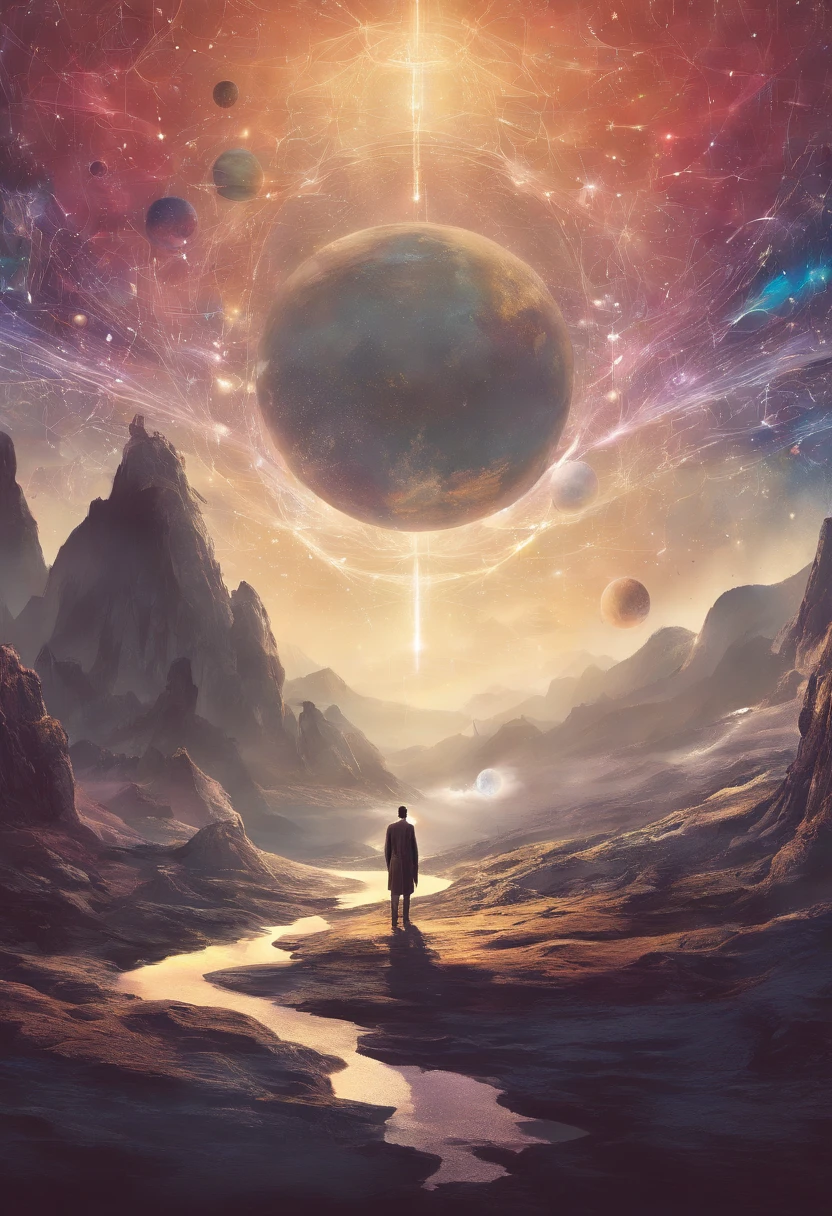A man before a space full of planets, sua mente contemplando a eternidade, consciousness projection, rosto derretendo no universo, they reach into his mind, the rise of consciousness, elevated consciousness, mind exploration, rasing of consciousness, infinite consciousness, cosmic enlightenment, no plano astral ) ) ), um ser interdimensional, distributed consciousness