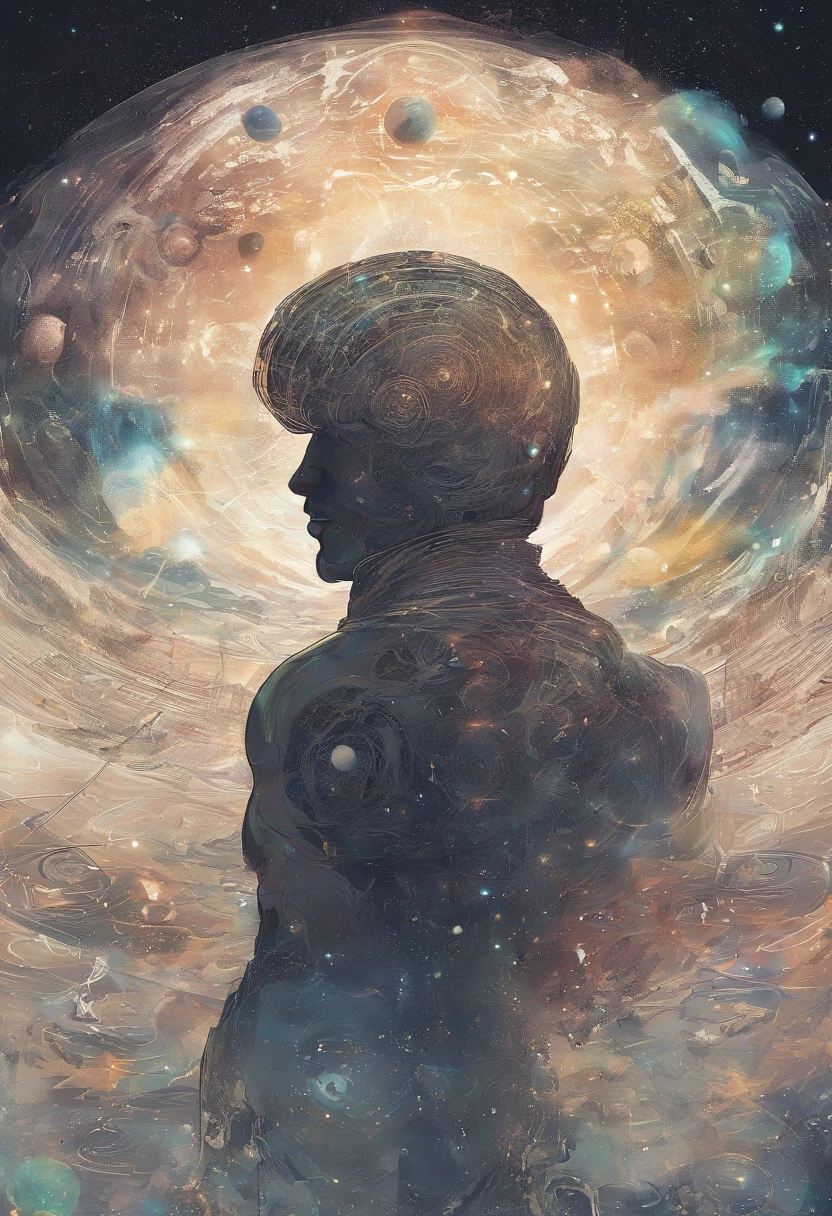 A man before a space full of planets, sua mente contemplando a eternidade, consciousness projection, rosto derretendo no universo, they reach into his mind, the rise of consciousness, elevated consciousness, mind exploration, rasing of consciousness, infinite consciousness, cosmic enlightenment, no plano astral ) ) ), um ser interdimensional, distributed consciousness