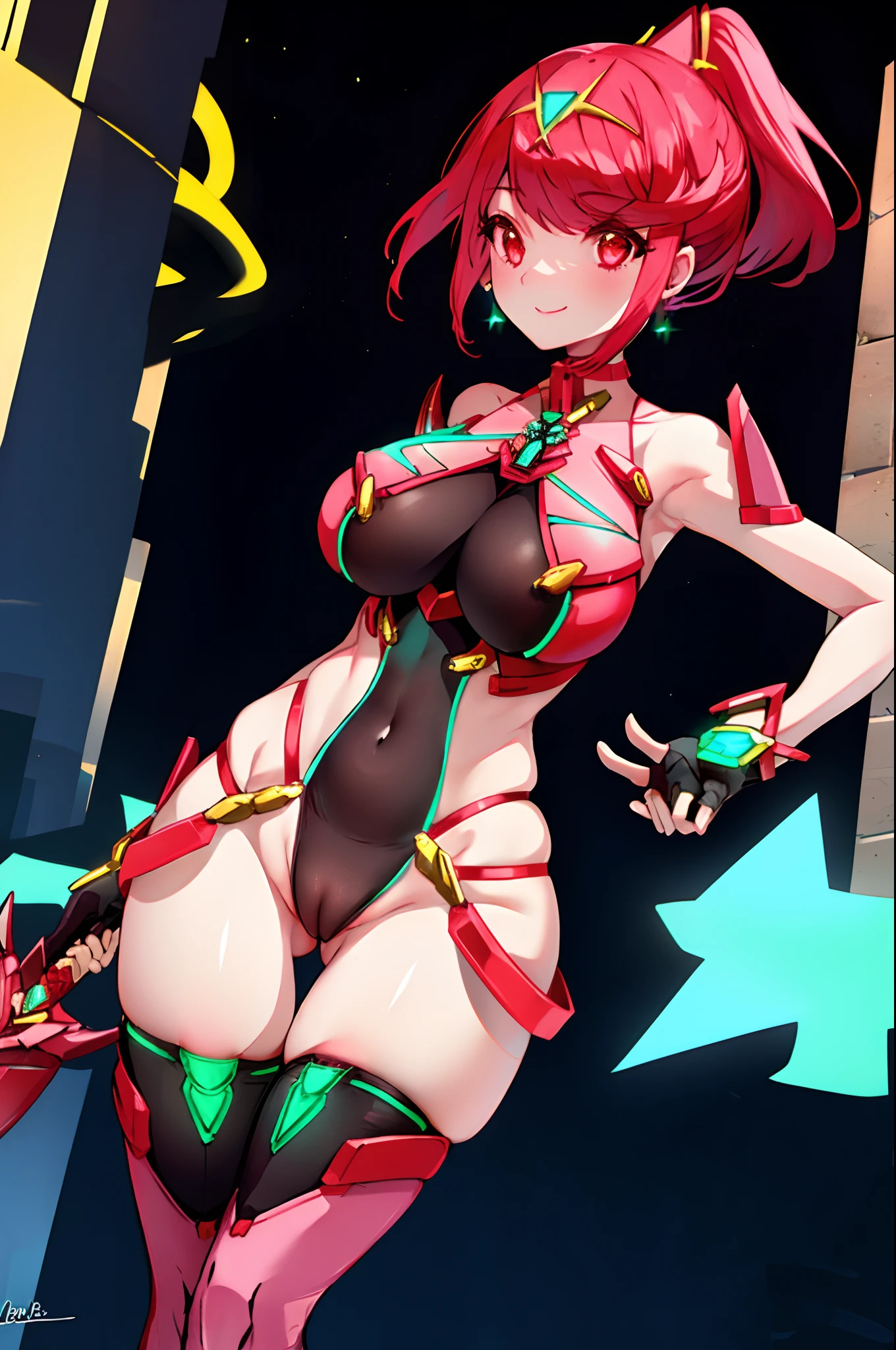 pyra \(xenoblade\), _1girl, lolibangs, black gloves, breasts, red eyes, shout, earrings, eyelashes, fingerless gloves, floating hair, , gem, gloves, hair ornament, headpiece, jewelry, big_breasts, leaning back, swimsuit, neon trim, official art, pose, red hair, saitou masatsugu, short hair, sidelocks, skin tight, solo, swept bangs, thighhighs, tiara, fantasy_town_background, underbust, xenoblade chronicles \(series\), (xenoblade chronicles 2), (spread_legs:1.1), fire_effect,dynamic_pose,fighting,light_smile, (plump:1.1), big_ass,huge_sword, hold_large_sword_hilt, covered_nipples, covered_pussy,back_view, fists,ponytail,beautiful_fingers,(solo:1.1), bare_shoulder,(shoulder_naked:1.2)