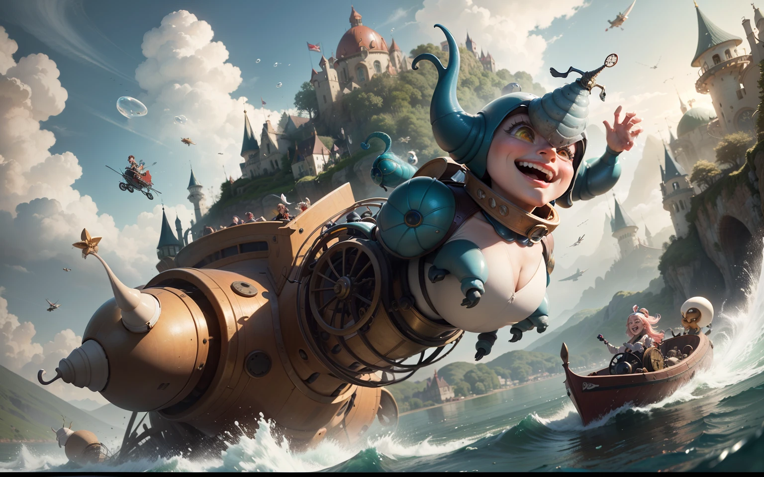 Fantasy world of Hieronymus Bosch with flying friendly huge mechanical snails. Riding a snail beautiful sexy alien girl. Close-up. Flight over the lake. Water splashes, splashes in all directions, laughing merrily. All the characters of the wonderful and funny cartoon Disney Pixar. super realistic. cinematic. Blurred background in motion. light haze --auto --s2