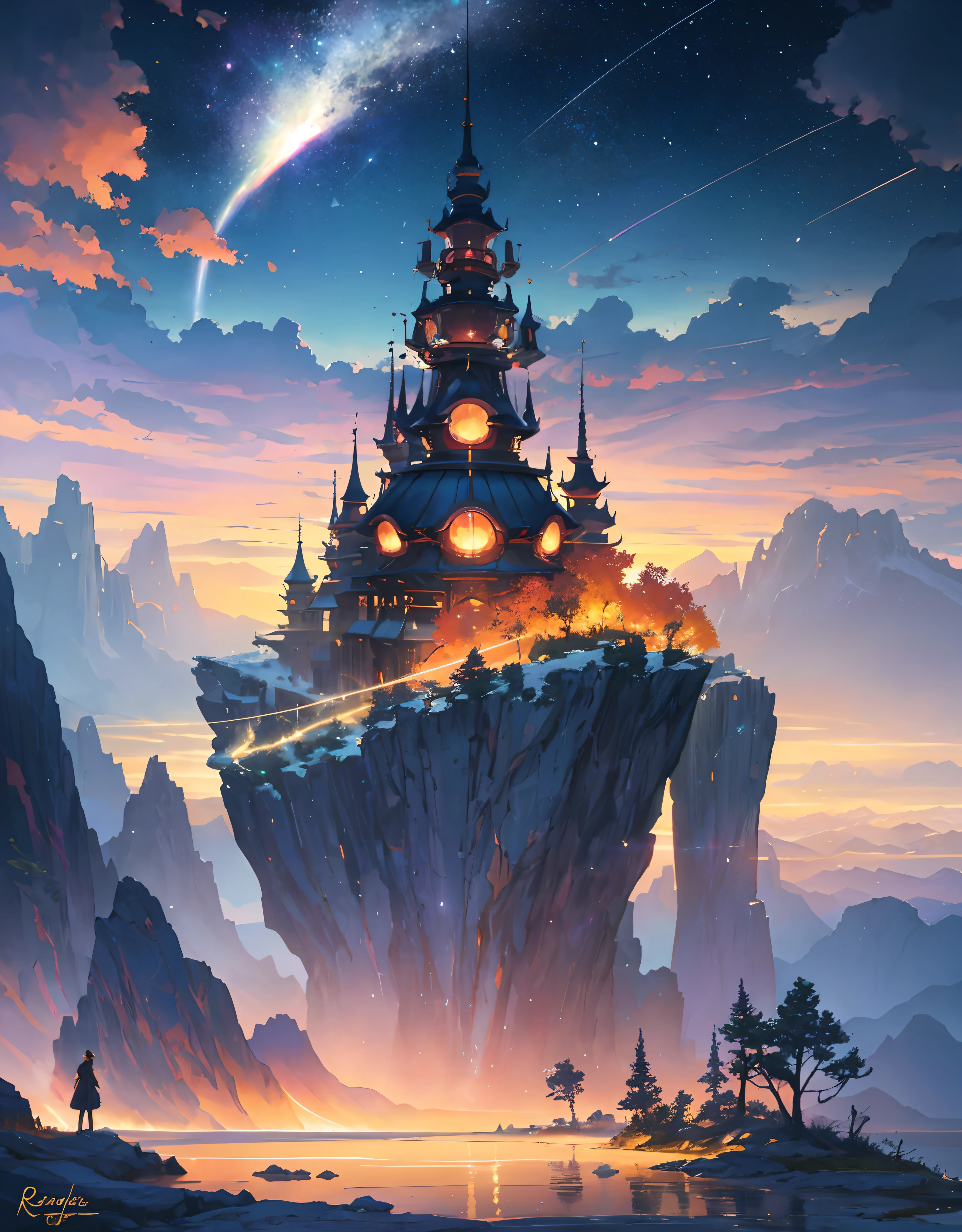 ancient fantasy world, a sunset above mountain range in the background masterpiece, tall cliff, rule of third, human walking back with wand gun (human walking back :1.2), beautiful art uhd 4k, 4k hd wallpaper very detailed, extraordinary colorful landscape, 4k highly detailed digital art, landscape wallpaper, scenic colorful environment, fantastic landscape, 8k high quality detailed art, majestic nature scenery, detailed painting 4k, epic beautiful landscape, natural landscape beauty, Landscape, lots of glow particle, fireflies, very many lots of fireflies, makoto shinkai cyril rolando, kimi no nawa meteor, anime art wallpaper 8k, Top quality masterpiece, deep focus, macro shot, lots lamp, falling leaf, glowing light, object, color combination masterpiece, glowing light, dark, reflection, beautiful anime scene, japanese concept landscape art, volumetric lighting, bokeh, anime beautiful peace scene, pure lanscape, 8k beautiful anime, intricate, elegant, point of interest photography, anime (masterpiece, lighting, finely detailed), colorful sky, ray of light, rule of third, colorful landscape, (dew, water : 0.2), Fog, Colorful Natural Lighting Masterpiece, ( all nature element is glowing light : 1.2), Lens Flare Masterpiece,