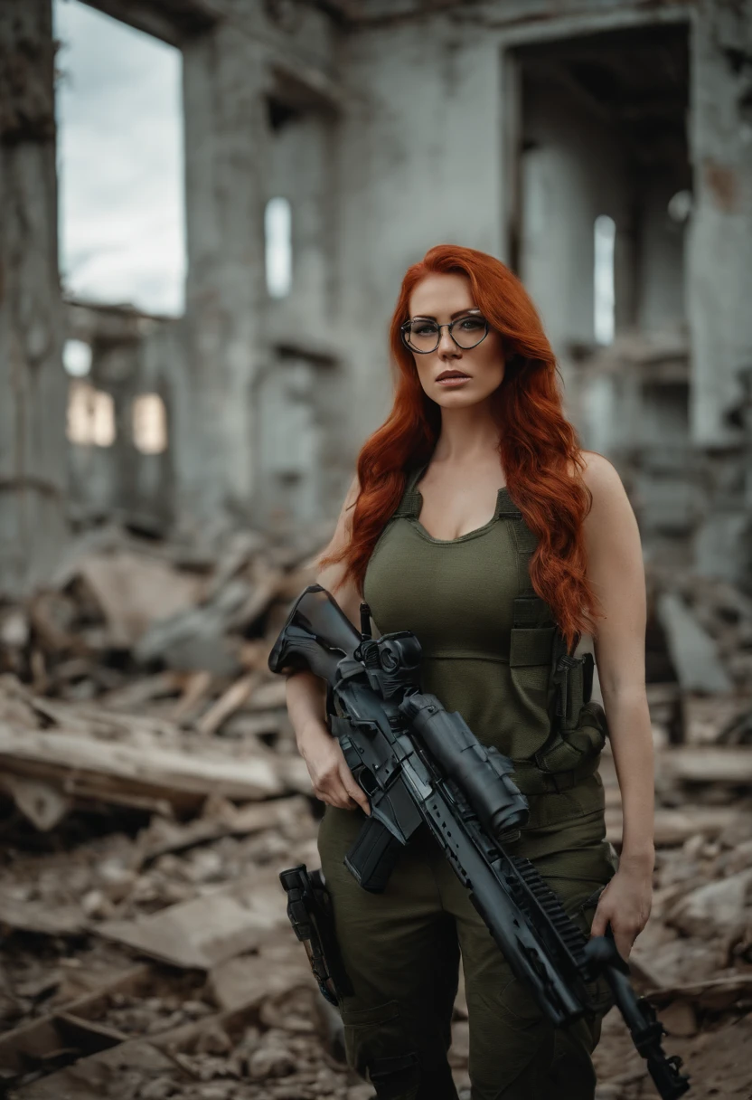military beautiful woman with red hair white skin big boobs glasses a destroyed building behind her holding a gun g3