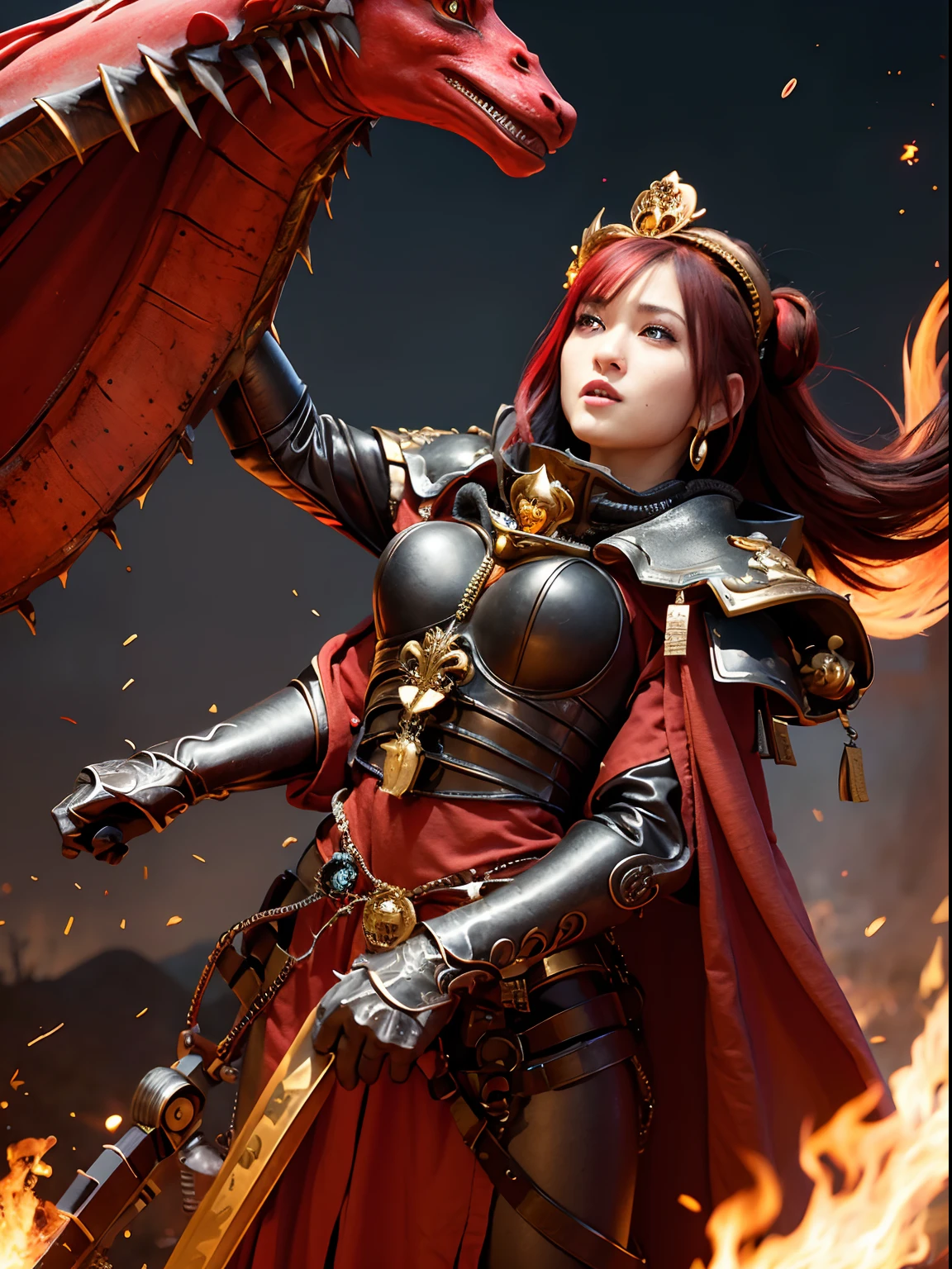 (Bleeding from the head), Professional , ​masterpiece、top-quality、photos realistic , depth of fields （Gemstone Black Metal Body:1.4),(Matte Black、Toostock、（cleavage of the breast）、（(Random Hairstyles 1.5),Dark Fantasy,）explosions、intense fighting、Blood on the face,Blood Rain,Blood fog（blood splattere：1.9),Dragon Gold Weapon,Mystical expression、Particles of light、Fight dragons、（Dragon Metal Body:1.４),Gorgeous Silver Weapons ,（（ Dragon's dense and gorgeous sword）） , Beautiful knife   ,warhammer 40k , adepta sororitas,Detail and gorgeous crown、（（Red hair））、（Castle background）、、（（Gangle's forest background））、Beautiful Caucasian beauty、１a person、dynamic ungle,(((Detailed and ornate Black Devil Crown)))、Smaller head、A smile、Castle background、Thin and beautiful female hands、cleavage of the breast、Soldier in iron armor on background、Mystical expression、Light Effects、intense fighting、Wind-effect、magic circles、With the legendary magic wand、（demonic wings）、