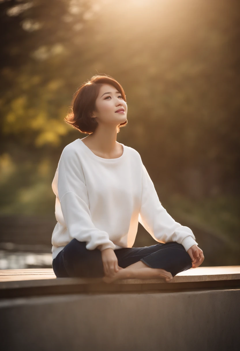 ((of the highest quality, 8K,Raw photo)), (Realistic, Photorealistic: 1.37), (Face Focus: 1.1), Small breasts, flat chest, Short hair, A Japanese Lady、20yr old、Japan idol system、(white sweatshirt: 1.1)、Skirt, Sitting, Arms up, From below, Sunlight, Movie Lighting,