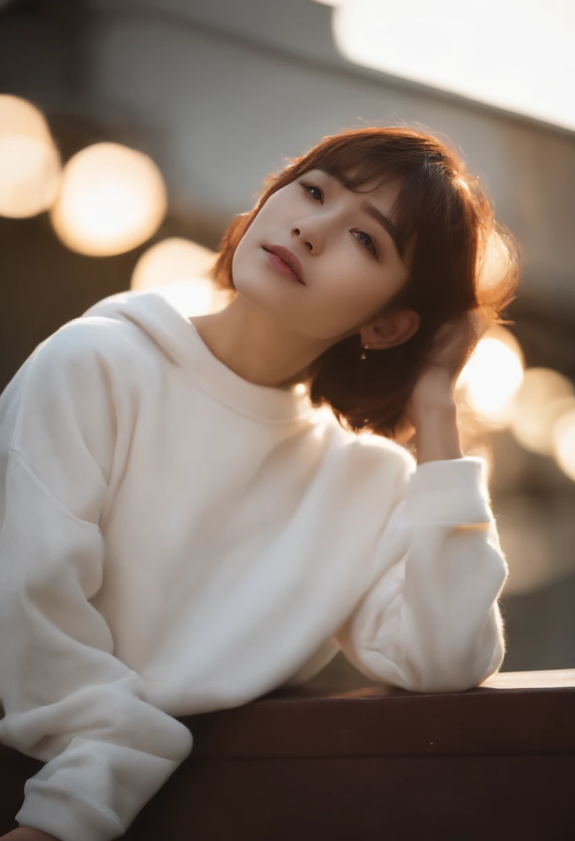 ((of the highest quality, 8K,Raw photo)), (Realistic, Photorealistic: 1.37), (Face Focus: 1.1), Small breasts, flat chest, Short hair, A Japanese Lady、20yr old、Japan idol system、(white sweatshirt: 1.1)、Skirt, Sitting, Arms up, From below, Sunlight, Movie Lighting,