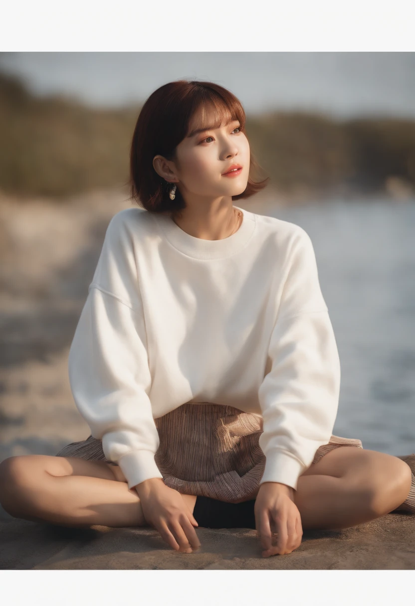 ((of the highest quality, 8K,Raw photo)), (Realistic, Photorealistic: 1.37), (Face Focus: 1.1), Small breasts, flat chest, Short hair, A Japanese Lady、20yr old、Japan idol system、(white sweatshirt: 1.1)、Skirt, Sitting, Arms up, From below, Sunlight, Movie Lighting,
